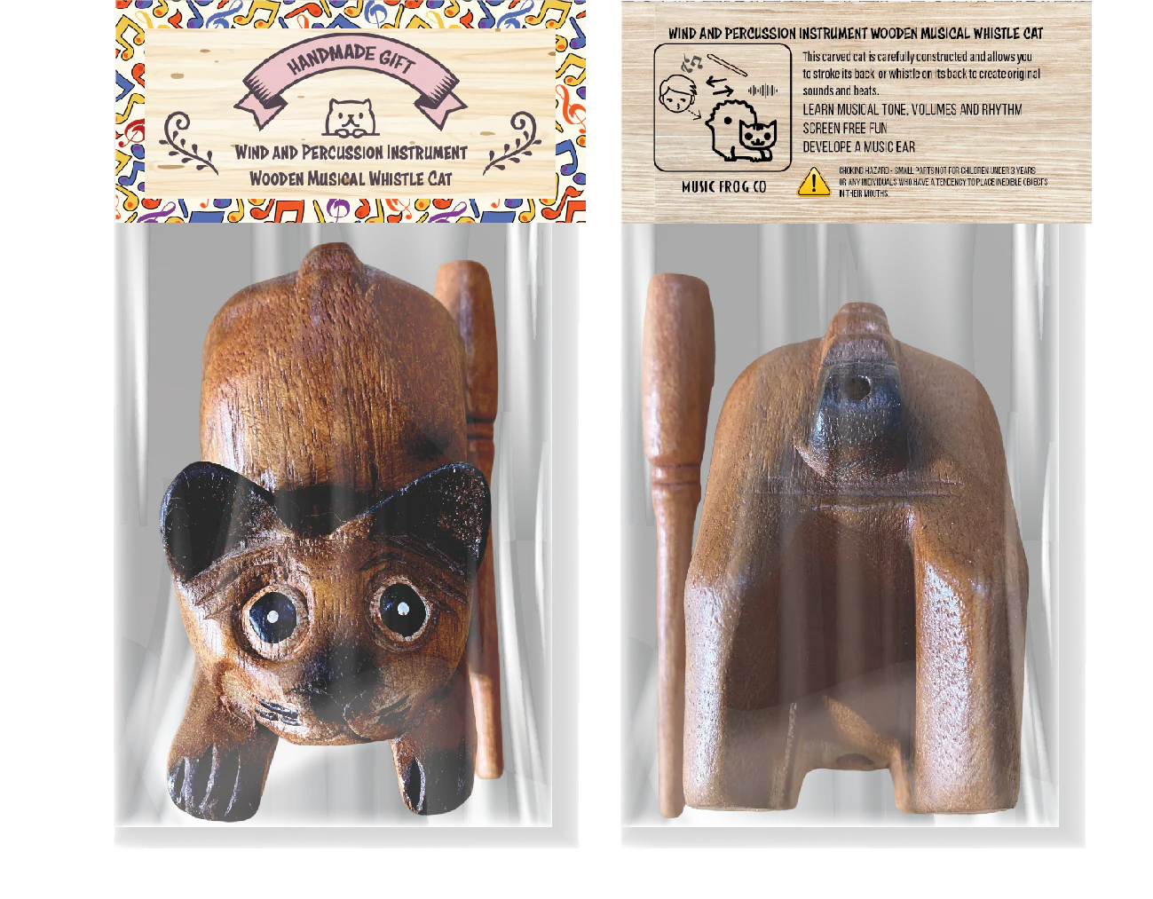 4" Musical Wooden Cat Percussion Whistle Instrument - Image 8