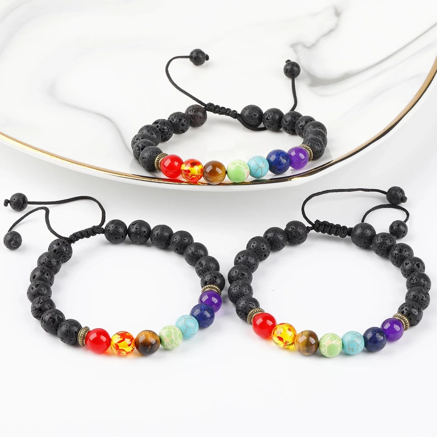 7 Chakras Healing Bracelet | Black Lava beads | Oil diffuser bracelet - Image 5