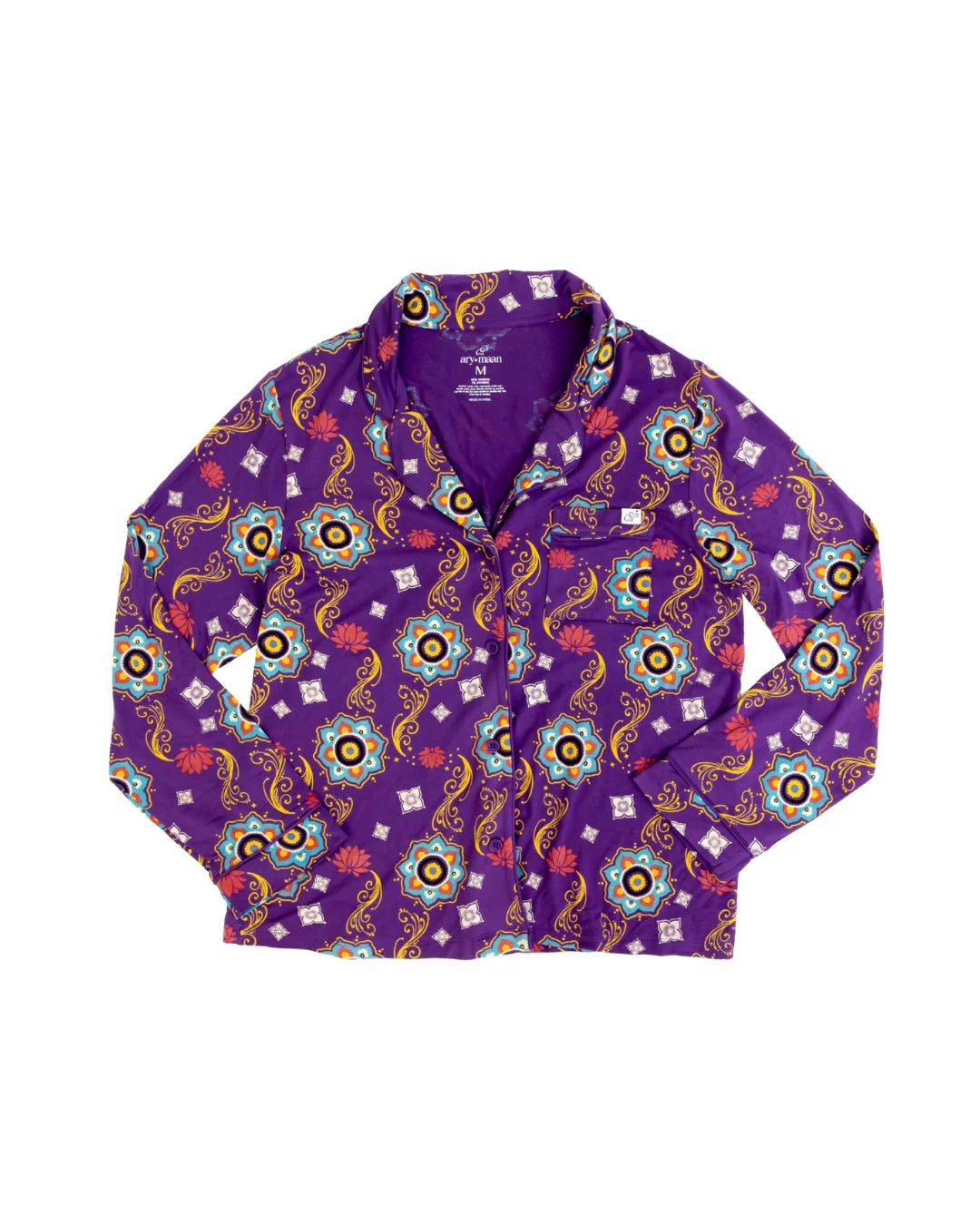 Adult Long Sleeve Button-Down Top – Purple Rangoli - Image 2