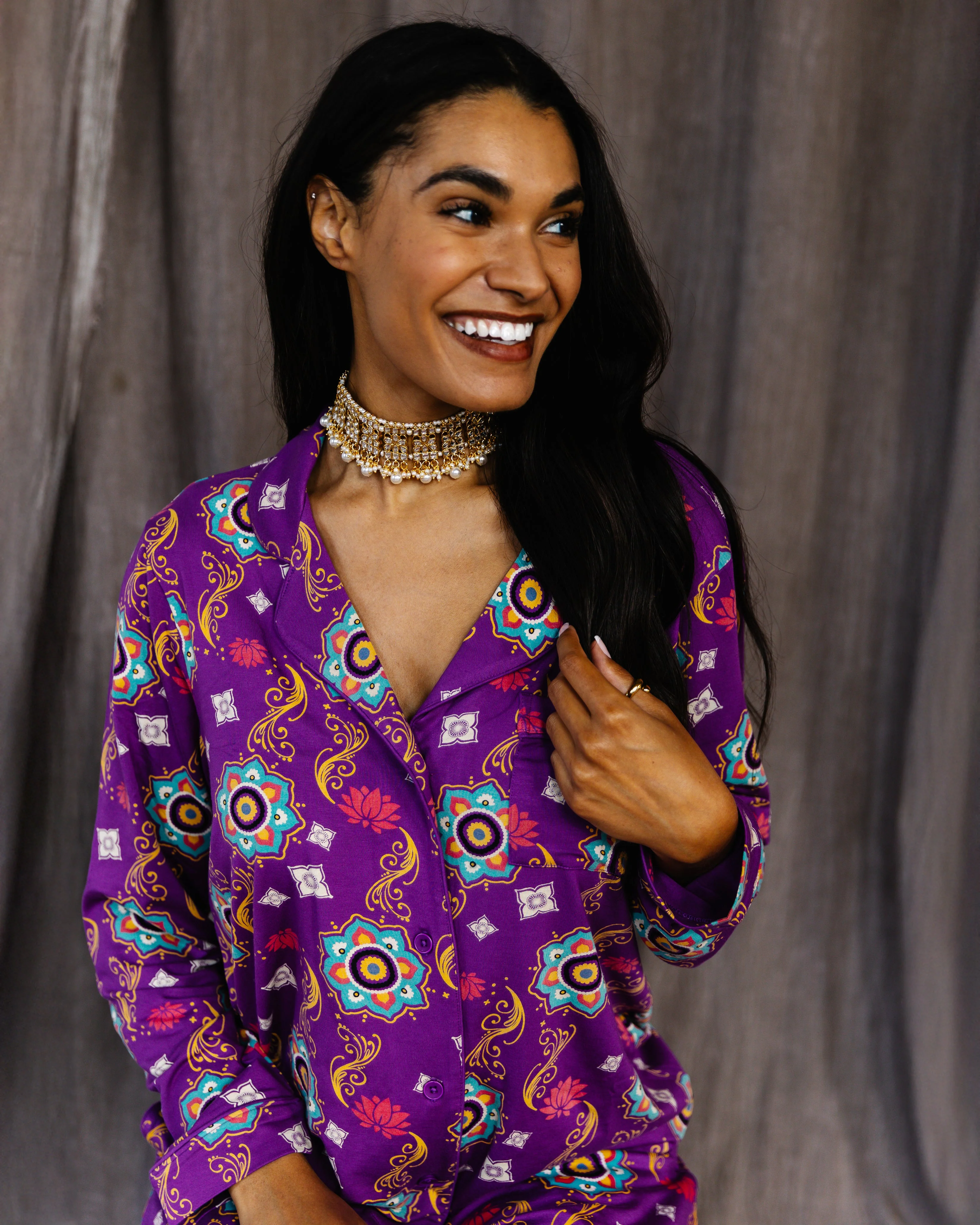 Adult Long Sleeve Button-Down Top – Purple Rangoli - Image 4