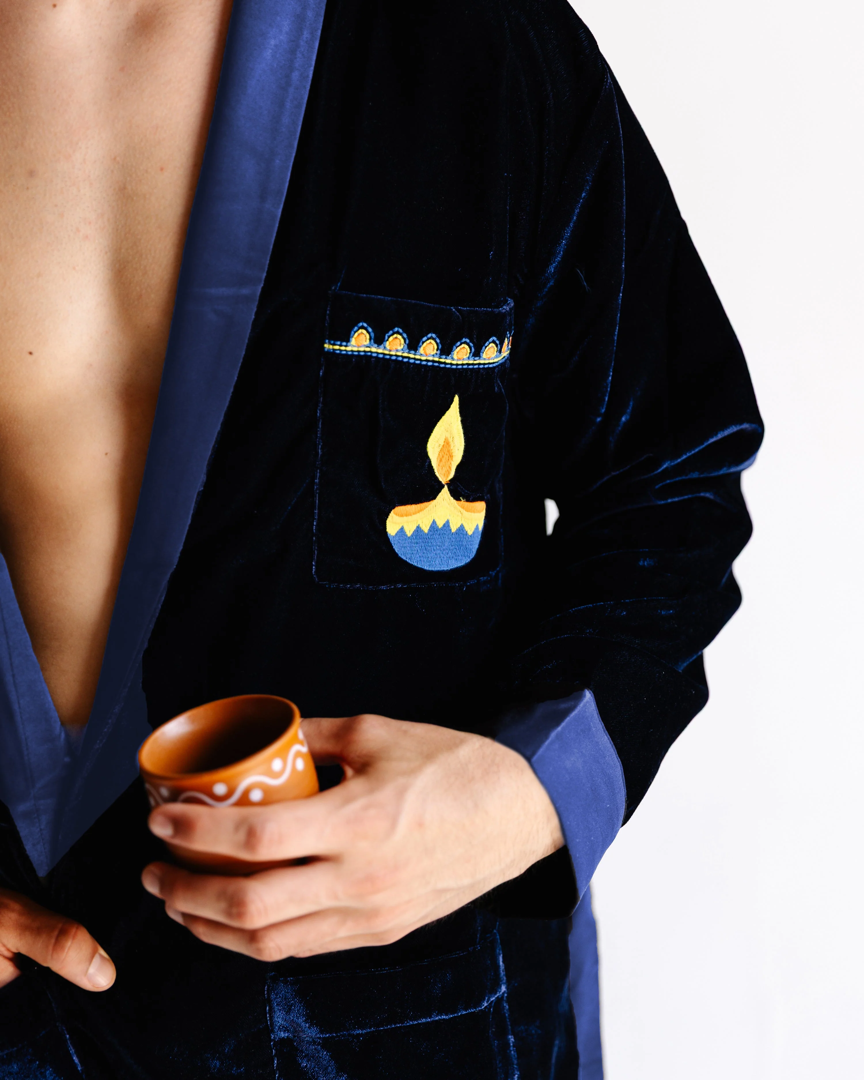 Adult Robe – Velvet & Satin – Blue Diya - Image 2