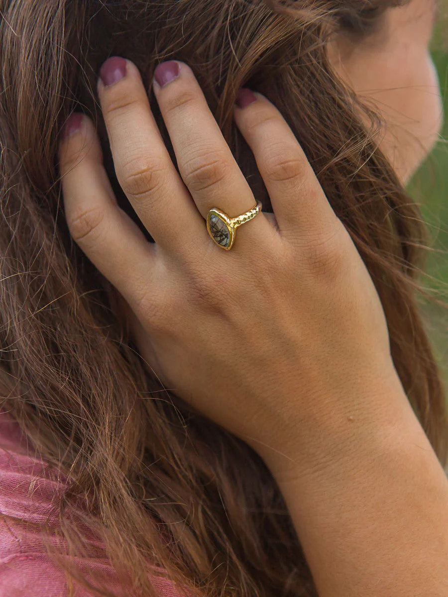 Almond Black Rutile Ring - Brass - Image 4