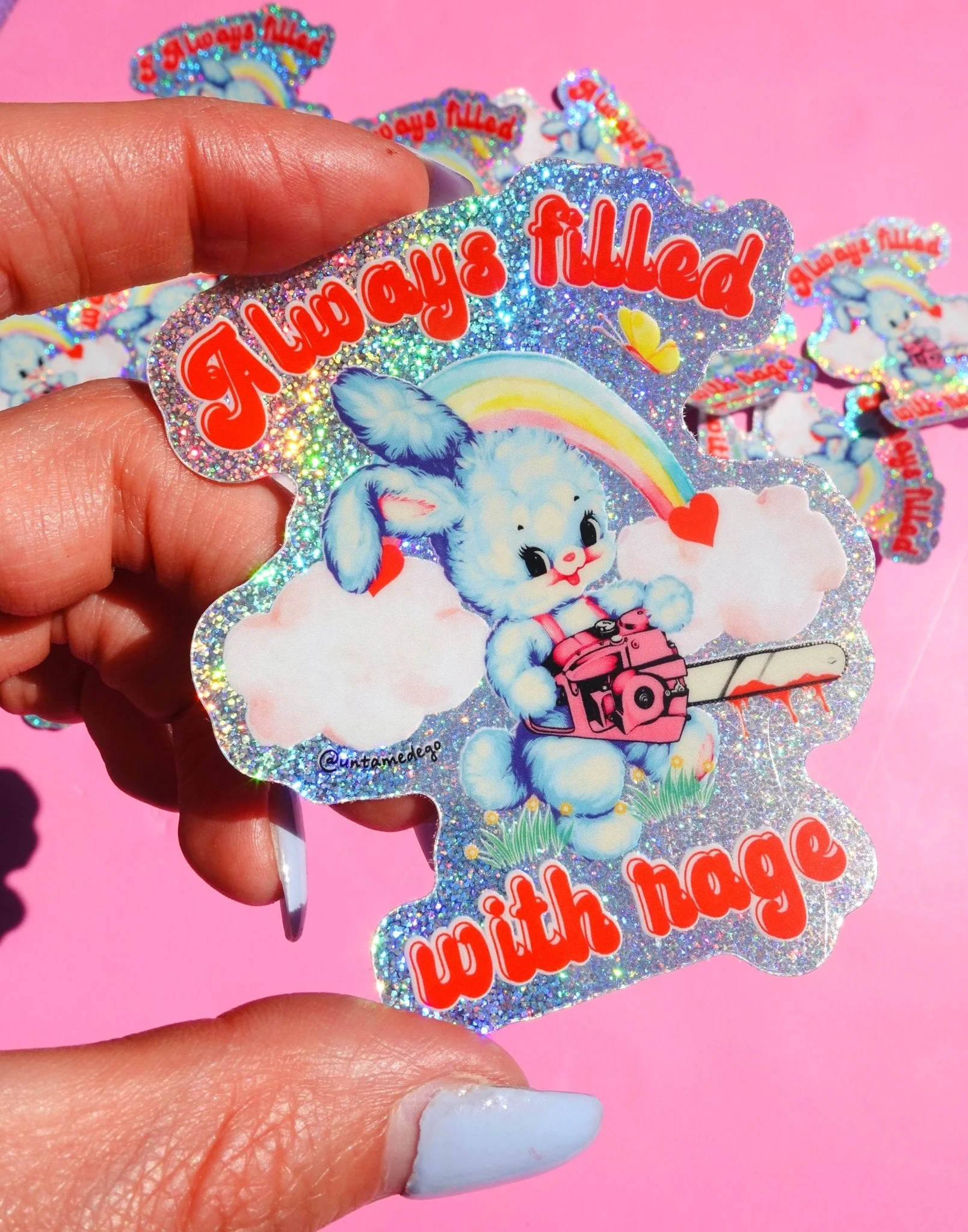 Always Filled with Rage Waterproof Vinyl Sticker – Holographic Funny Bunny Chainsaw Decal - Image 2