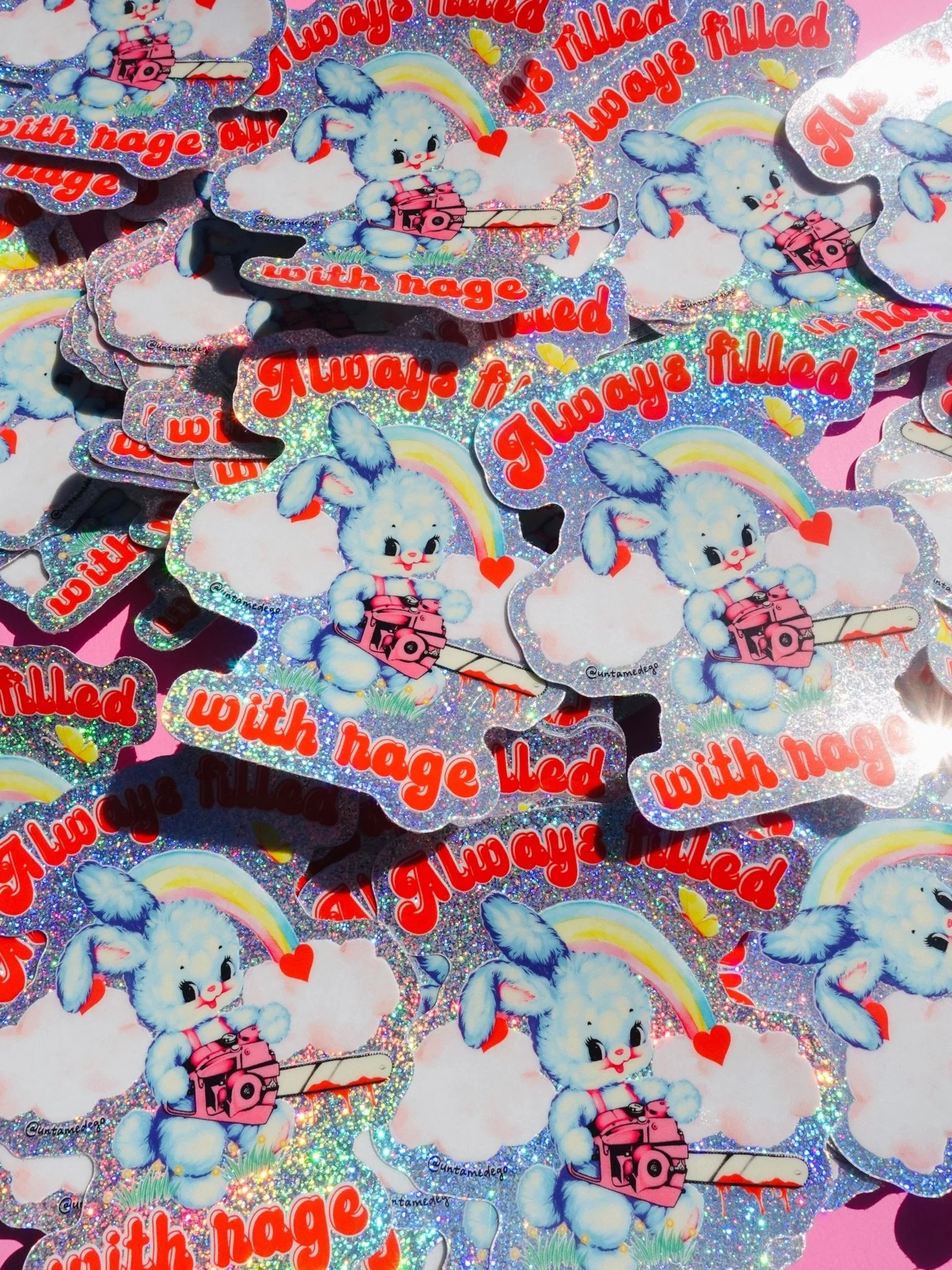 Always Filled with Rage Waterproof Vinyl Sticker – Holographic Funny Bunny Chainsaw Decal - Image 3