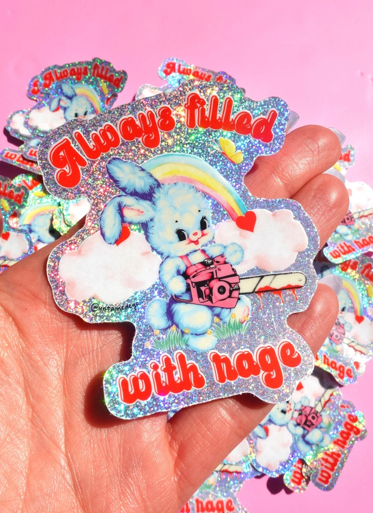 Always Filled with Rage Waterproof Vinyl Sticker – Holographic Funny Bunny Chainsaw Decal - Image 4