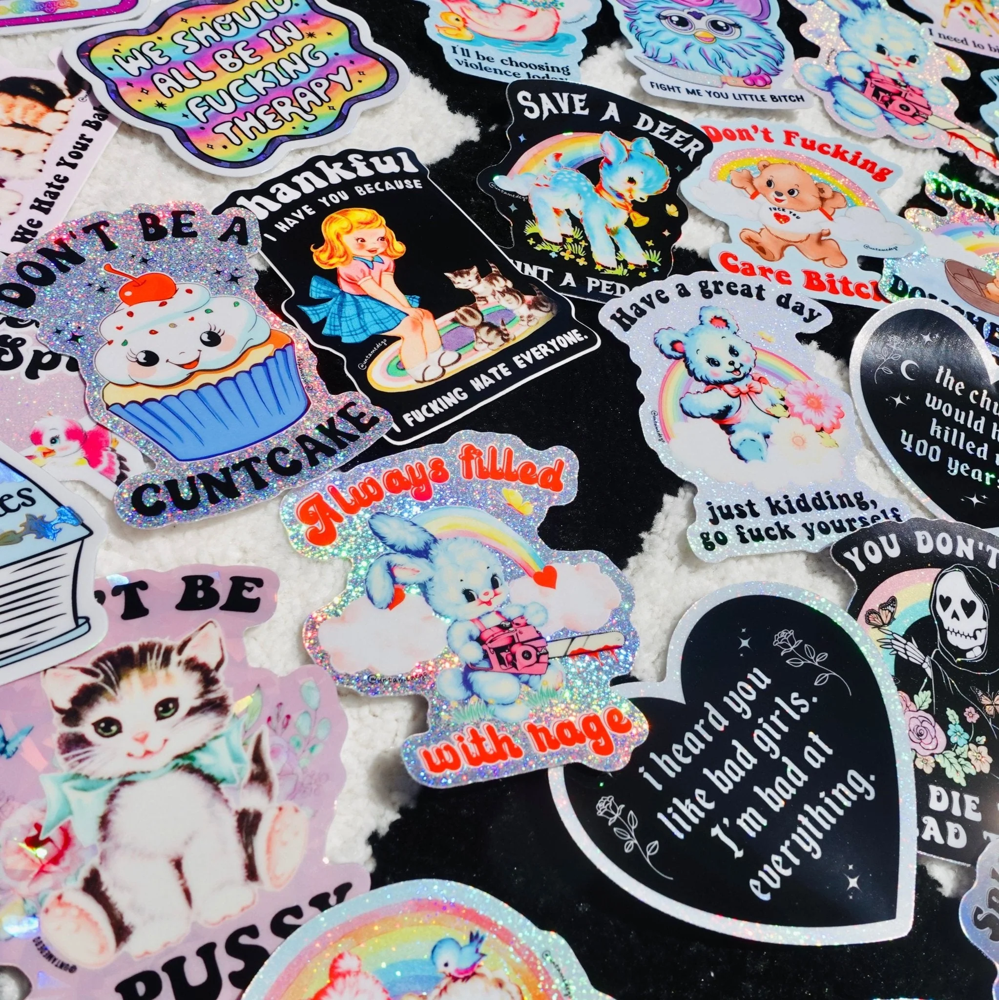 Always Filled with Rage Waterproof Vinyl Sticker – Holographic Funny Bunny Chainsaw Decal - Image 5