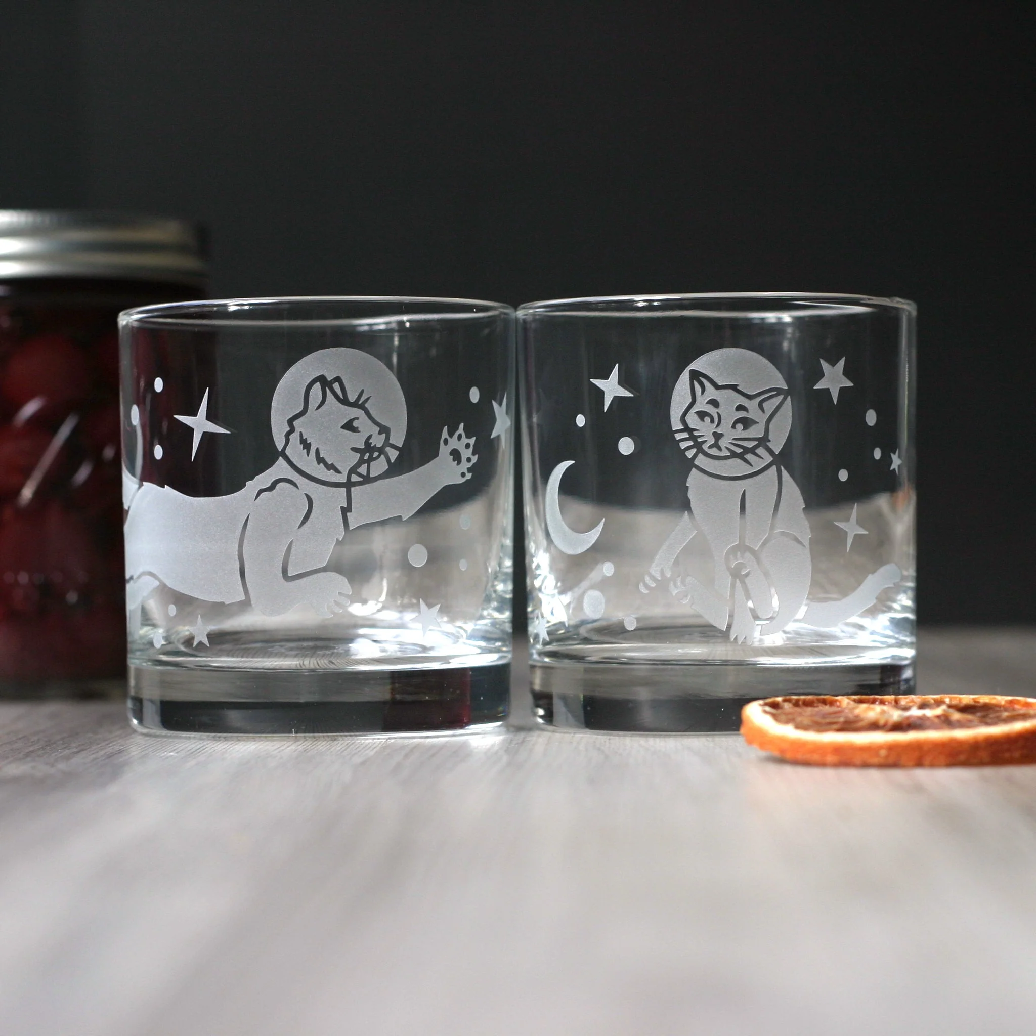 Astronaut Space Cat Lowball Glass - etched cocktail glassware - Image 2