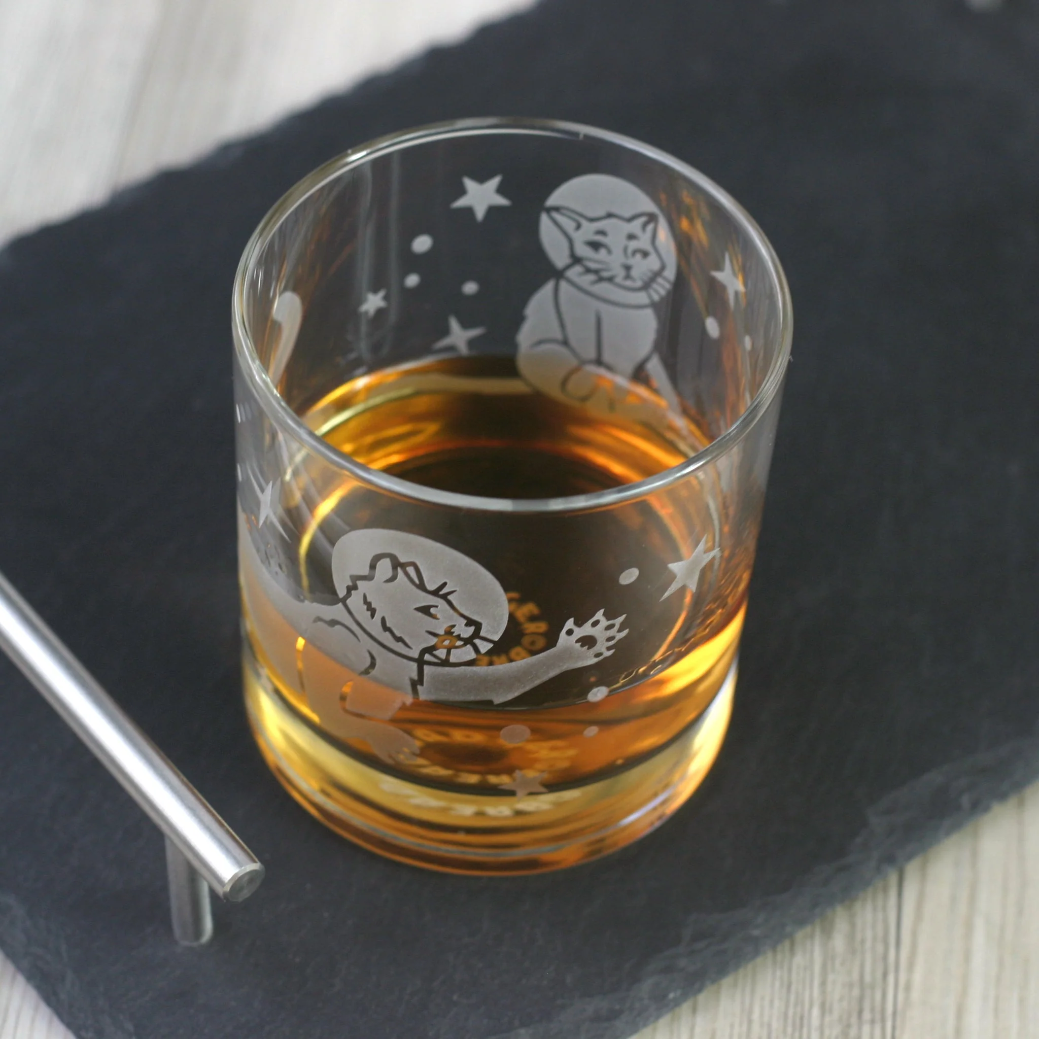 Astronaut Space Cat Lowball Glass - etched cocktail glassware - Image 3