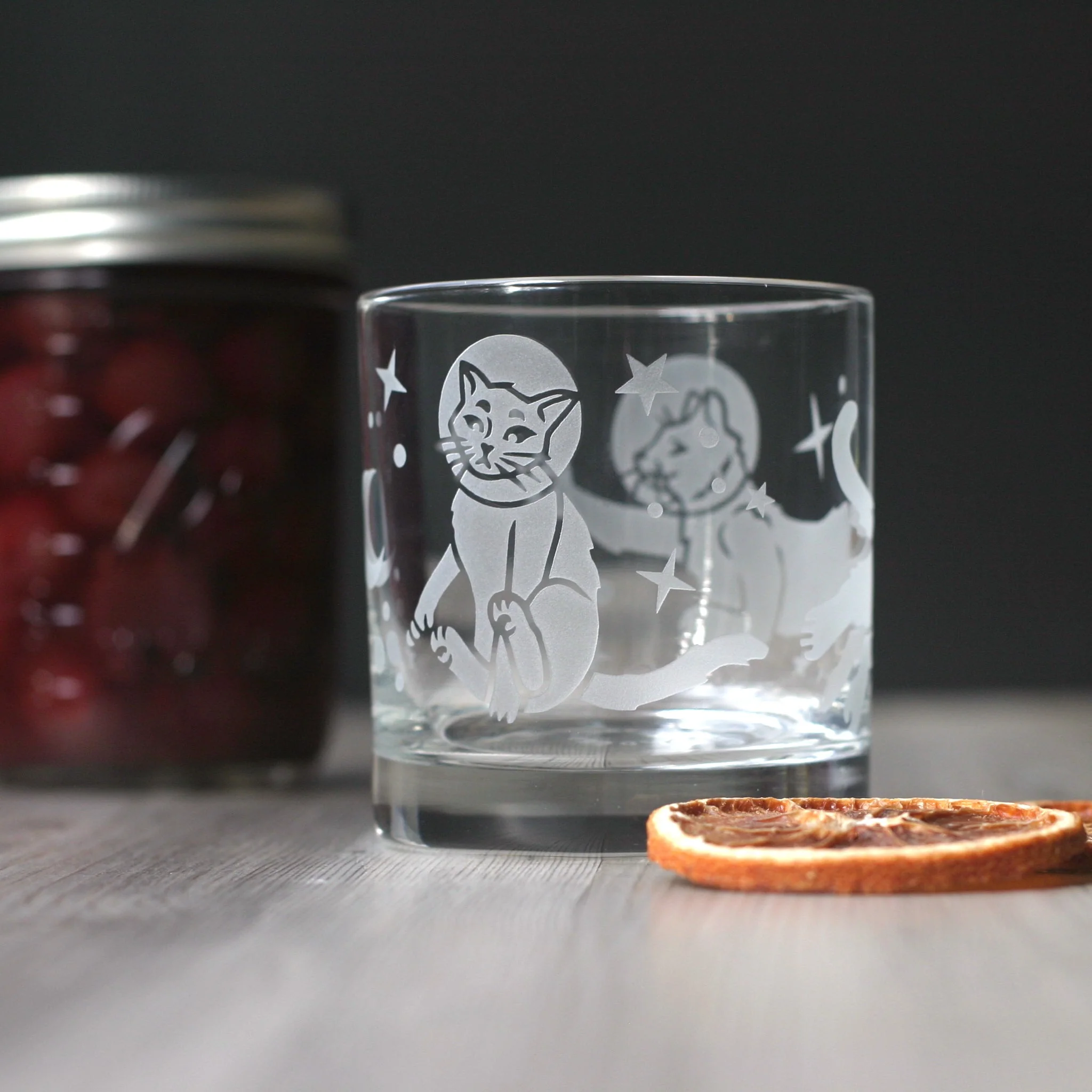 Astronaut Space Cat Lowball Glass - etched cocktail glassware - Image 4