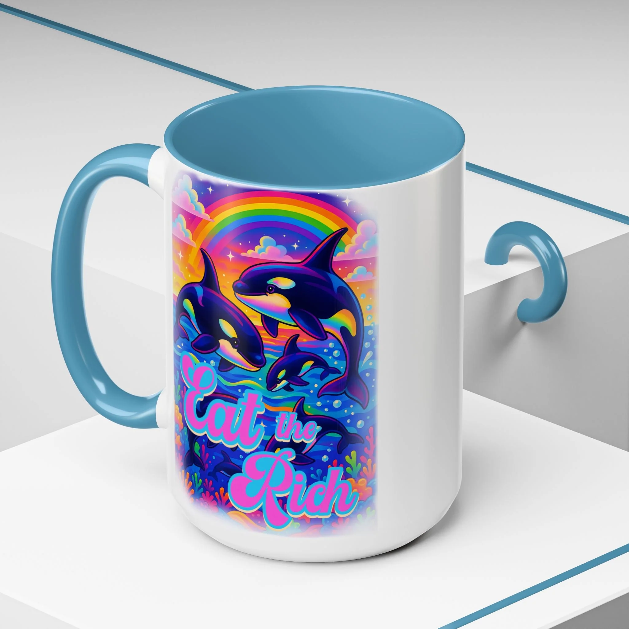 Bespattered Facade "Eat the Rich" Orcas Whimsical Rainbow Mug | Four Colors | 11oz or 15oz - Image 11