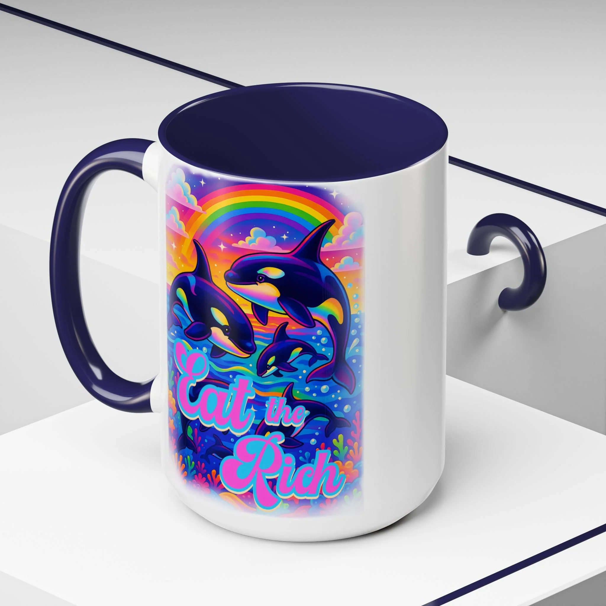 Bespattered Facade "Eat the Rich" Orcas Whimsical Rainbow Mug | Four Colors | 11oz or 15oz - Image 12