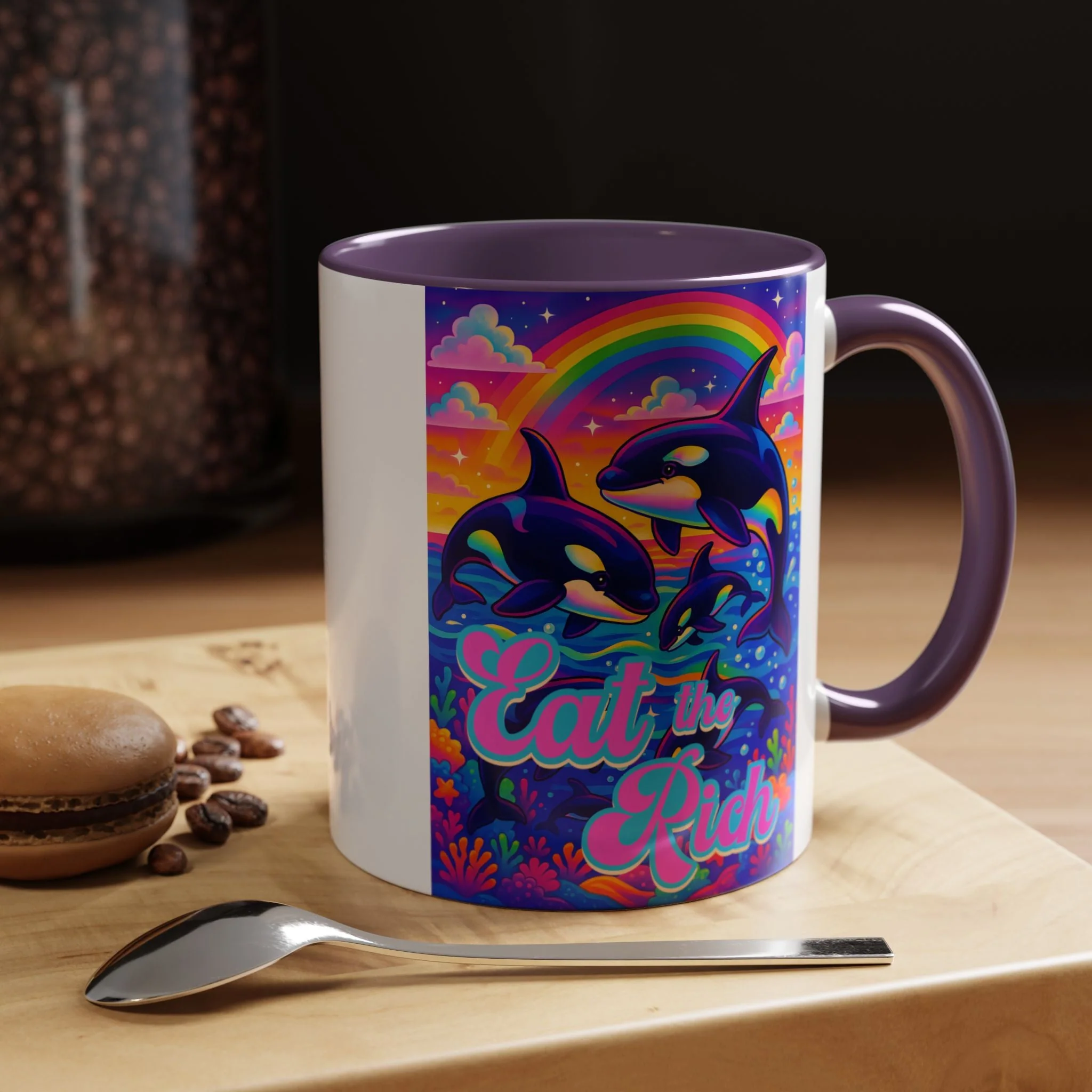 Bespattered Facade "Eat the Rich" Orcas Whimsical Rainbow Mug | Four Colors | 11oz or 15oz - Image 2