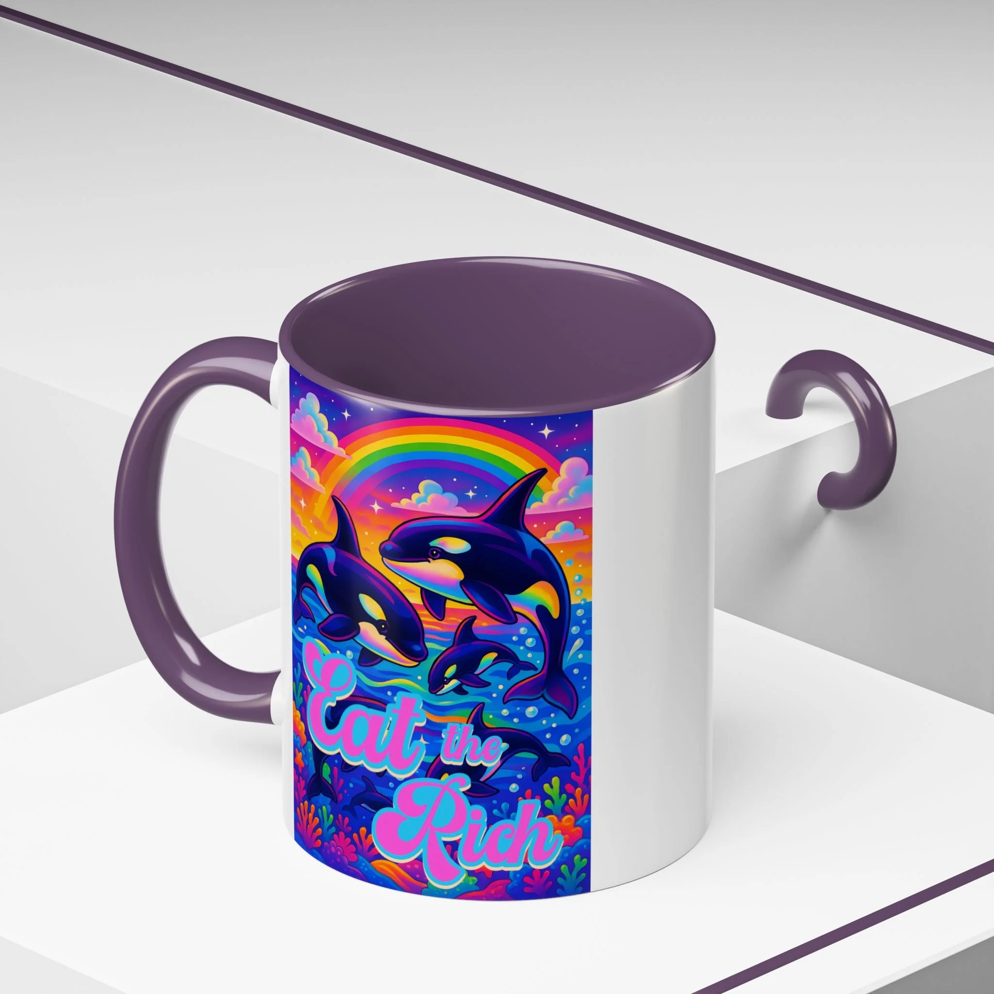 Bespattered Facade "Eat the Rich" Orcas Whimsical Rainbow Mug | Four Colors | 11oz or 15oz - Image 6