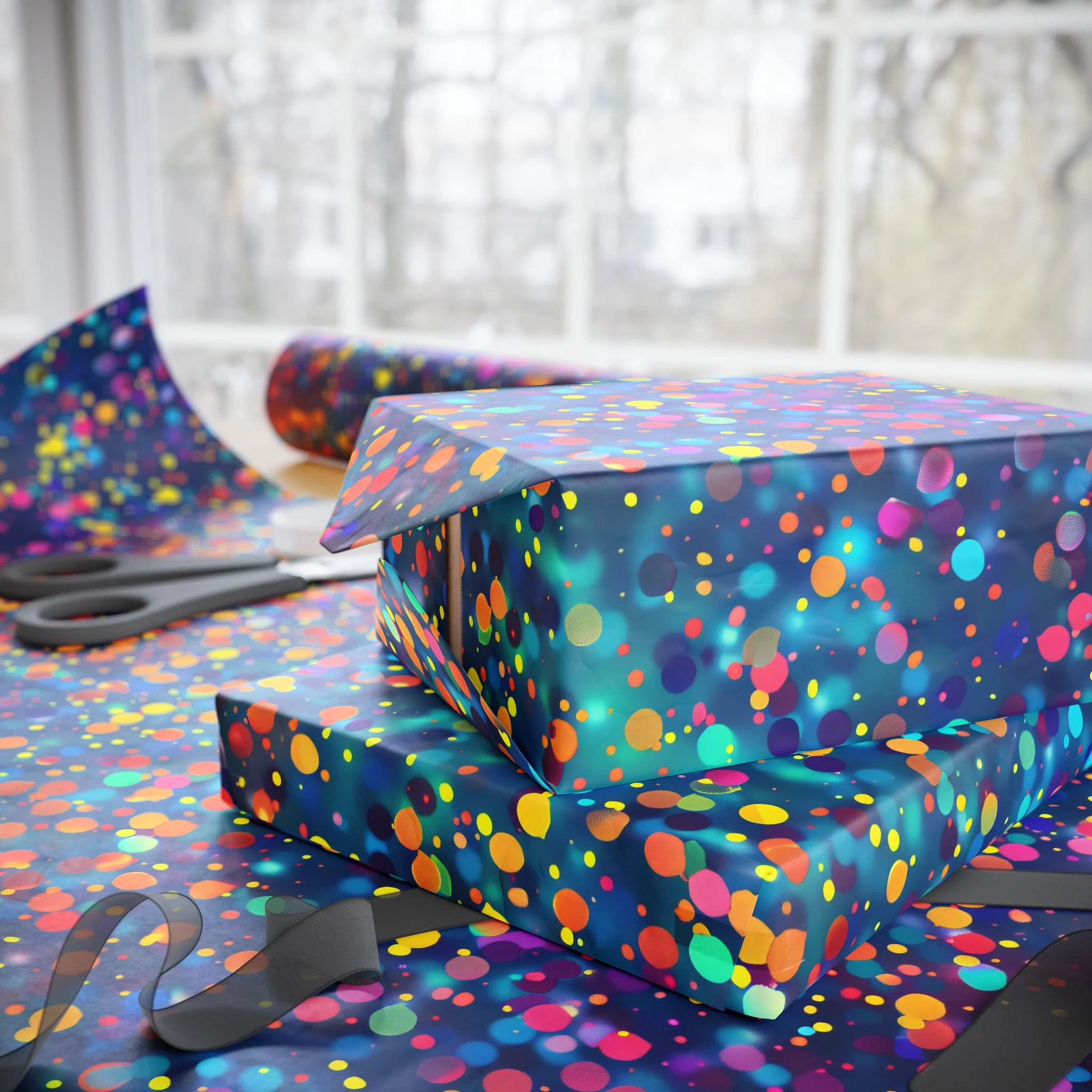 Bespattered Facade Party Time Rainbow Confetti Dots Wrapping Paper | Three Sizes | Glossy or Matte - Image 2
