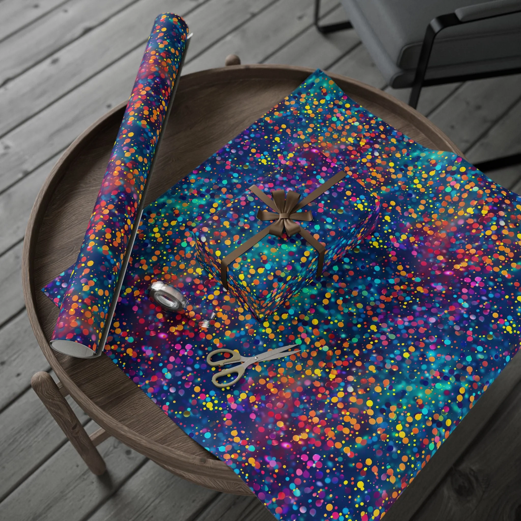 Bespattered Facade Party Time Rainbow Confetti Dots Wrapping Paper | Three Sizes | Glossy or Matte - Image 3
