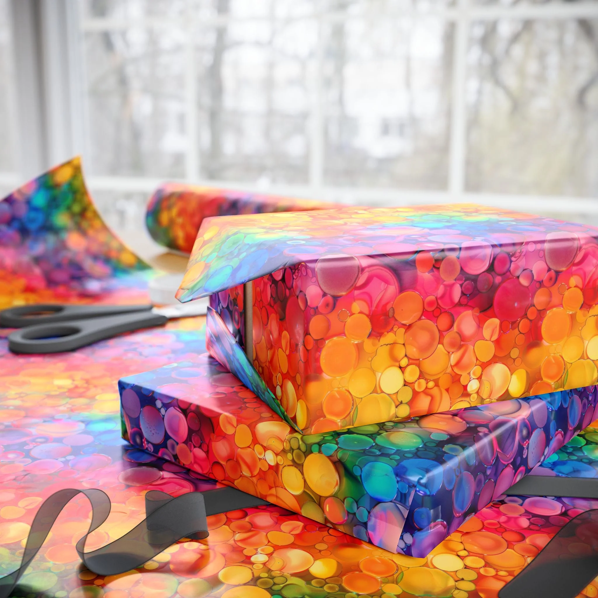 Bespattered Facade Rainbow Ink Circles Wrapping Paper | Three Sizes | Glossy or Matte - Image 2