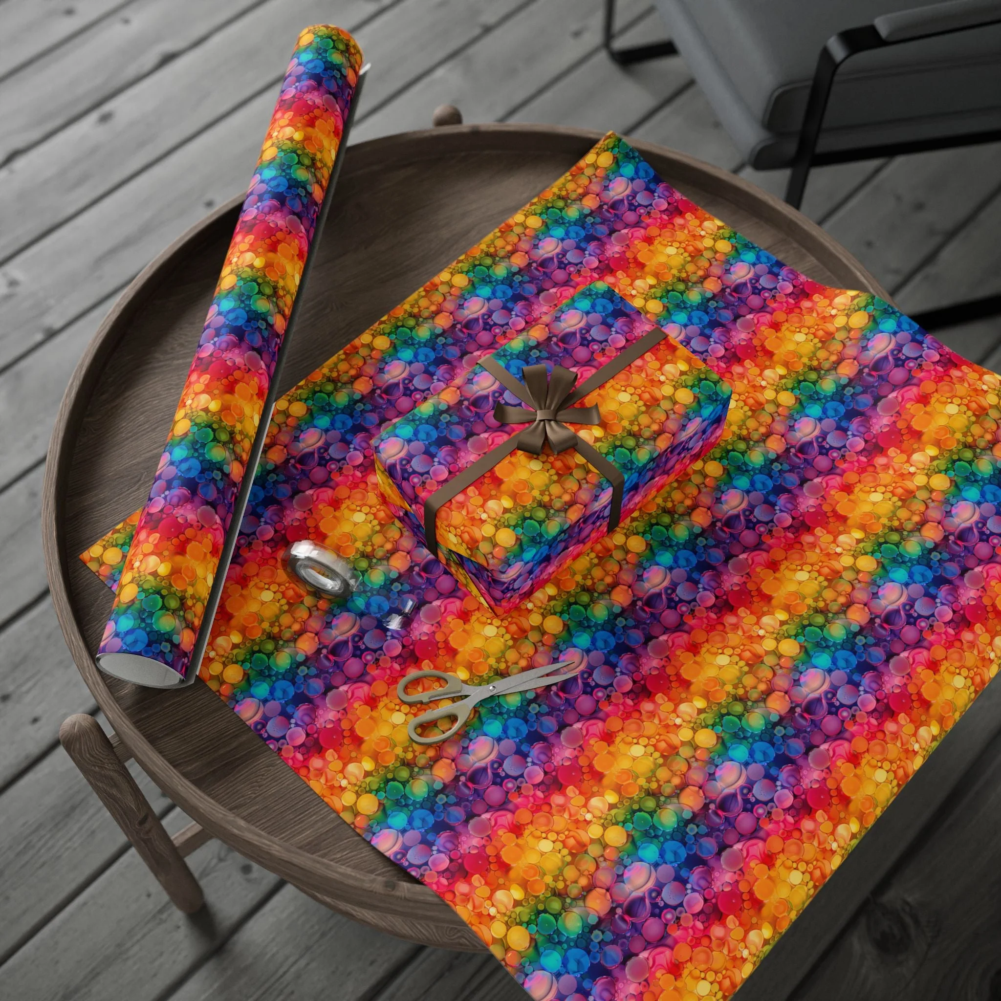 Bespattered Facade Rainbow Ink Circles Wrapping Paper | Three Sizes | Glossy or Matte - Image 4
