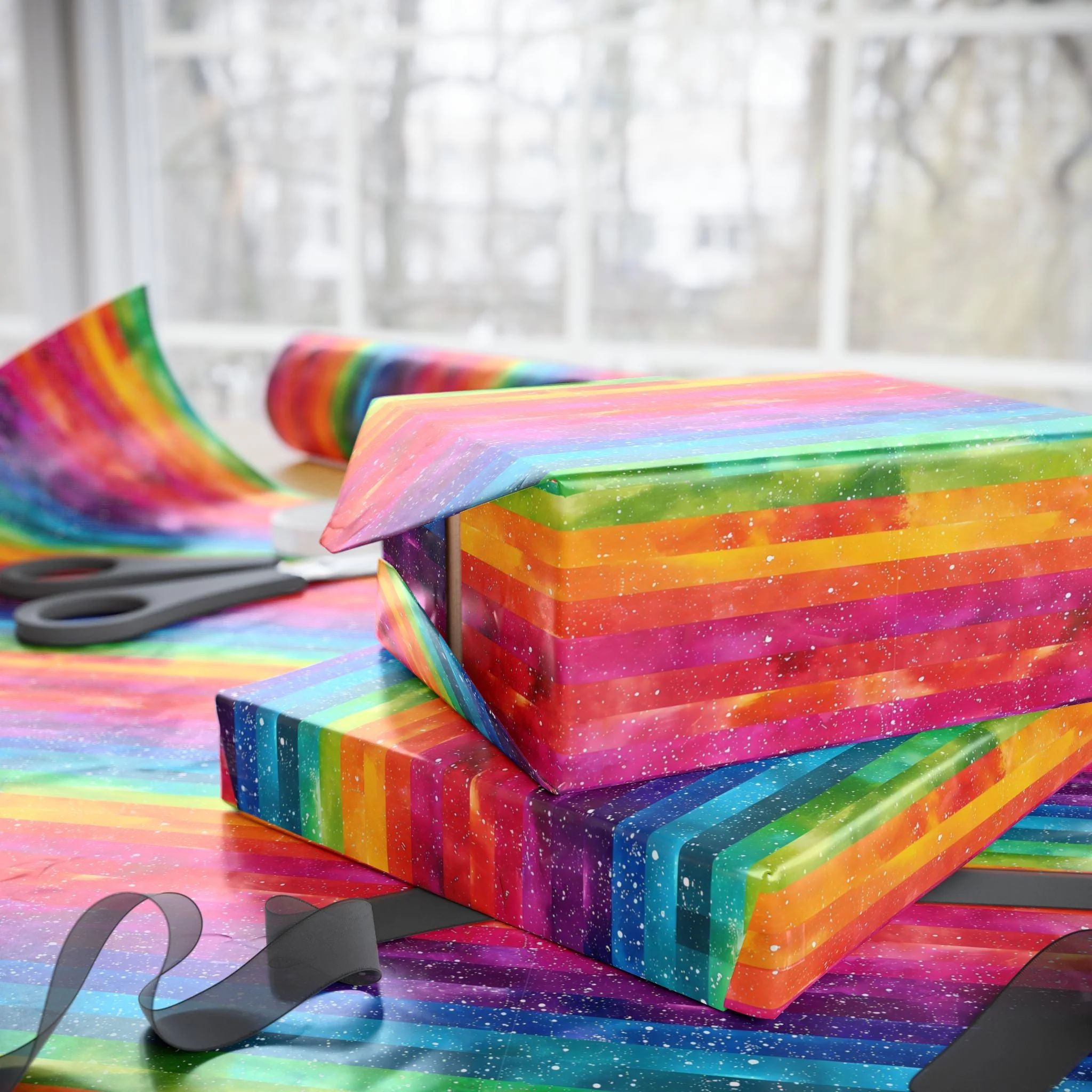 Bespattered Facade Rainbow Stripes Wrapping Paper | Three Sizes | Glossy or Matte - Image 3