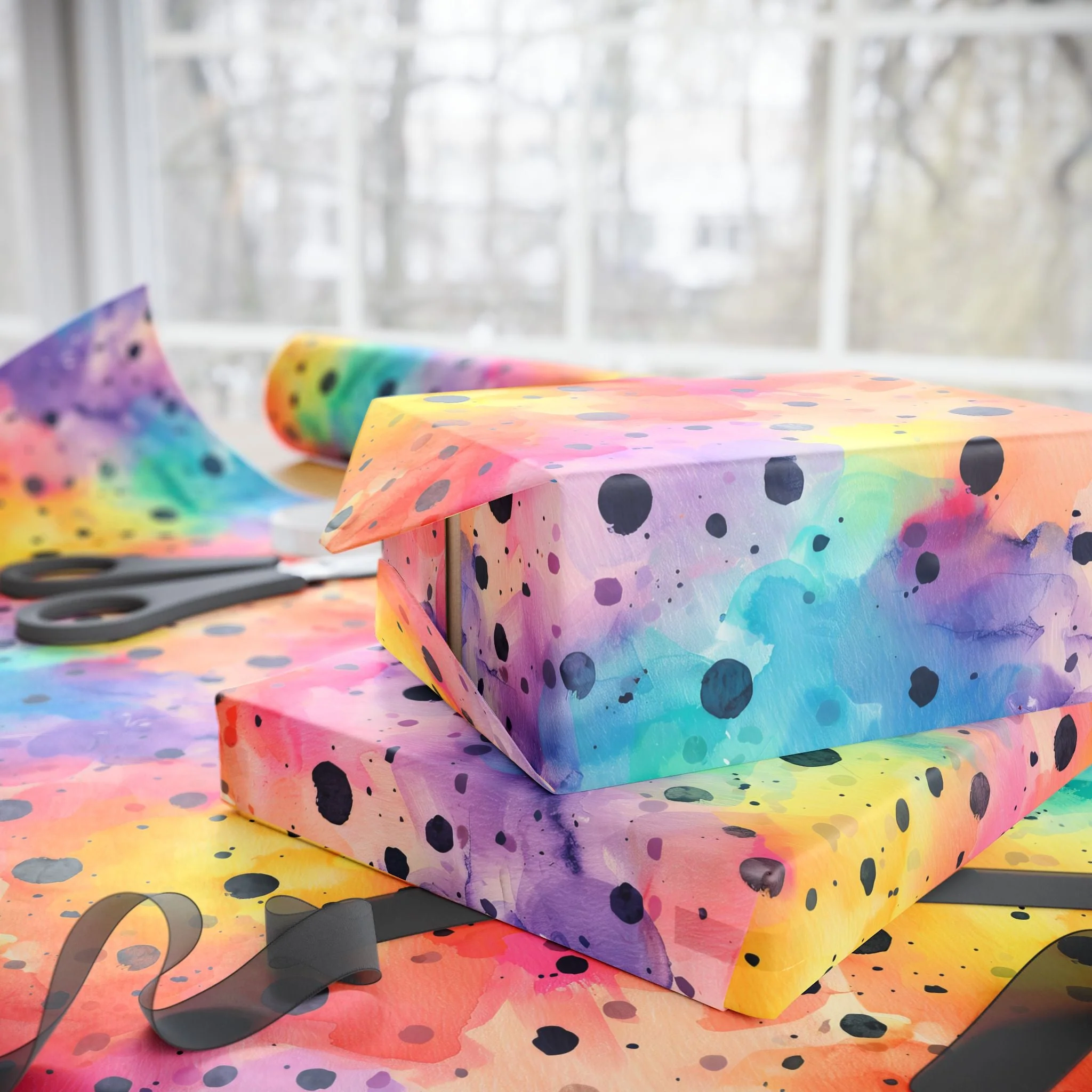Bespattered Facade Rainbow Watercolor Dots Wrapping Paper | Three Sizes | Glossy or Matte - Image 2