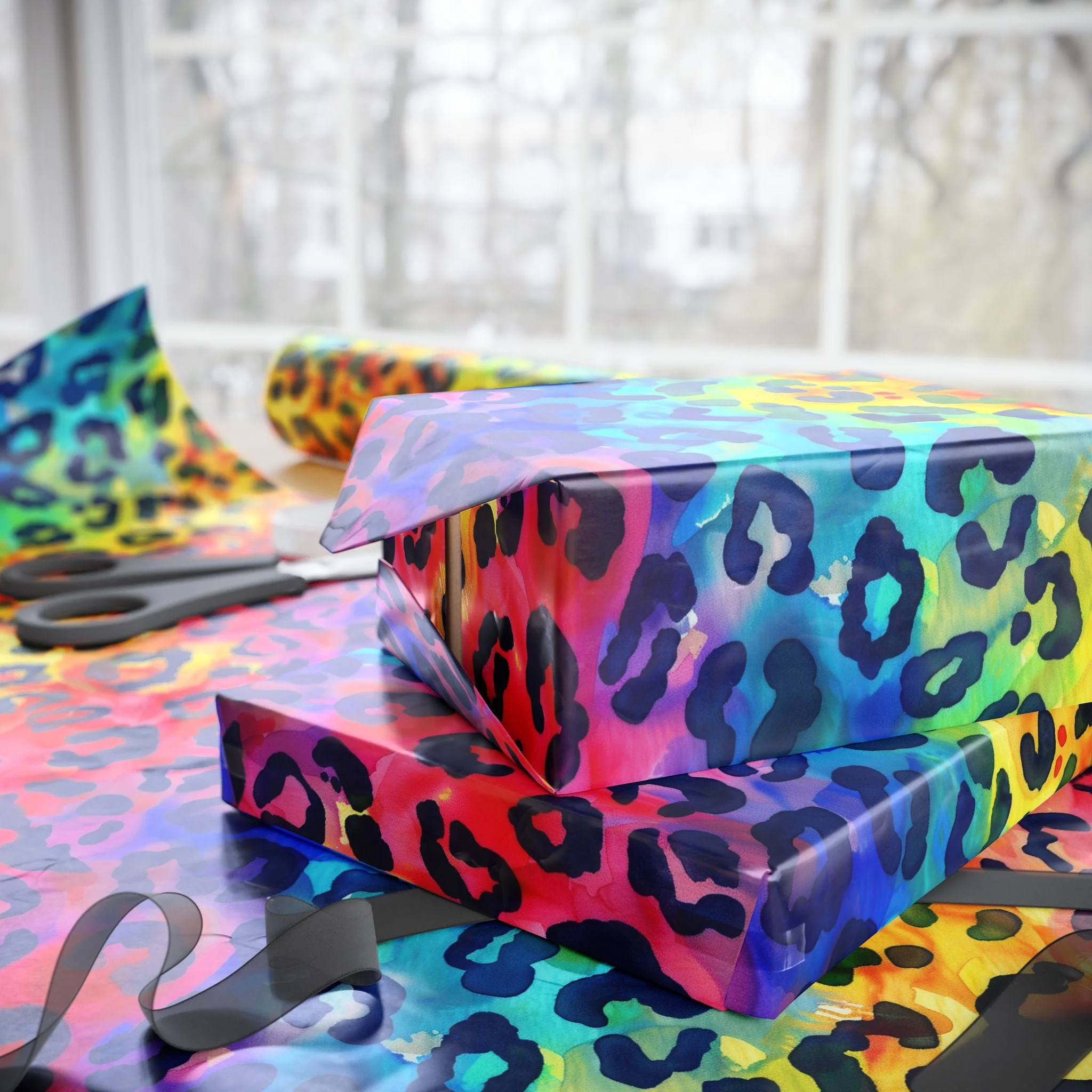 Bespattered Facade Rainbow Watercolor Leopard Wrapping Paper | Three Sizes | Glossy or Matte - Image 2
