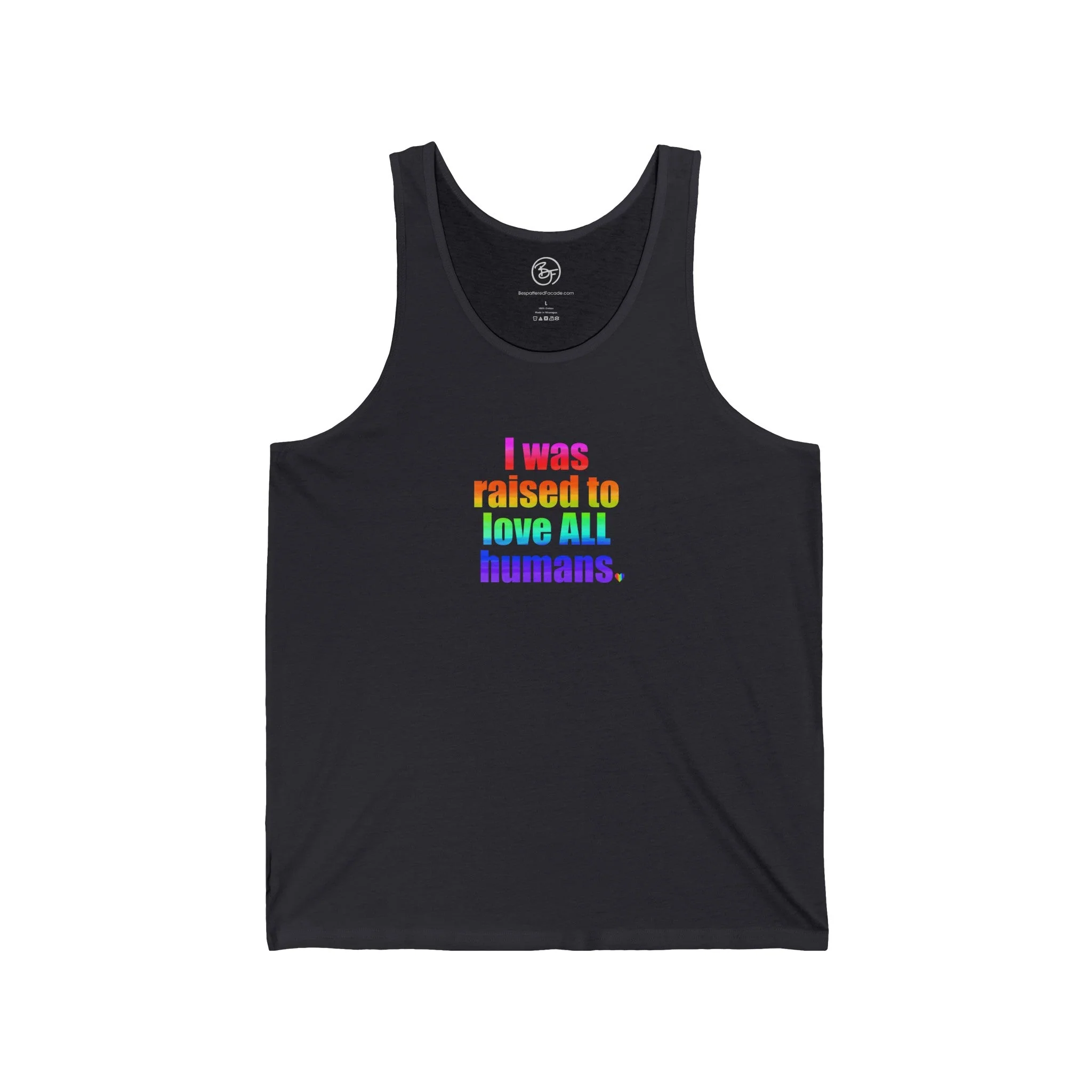 Bespattered Facade Raised to Love All Humans Unisex Jersey Tank - Image 3