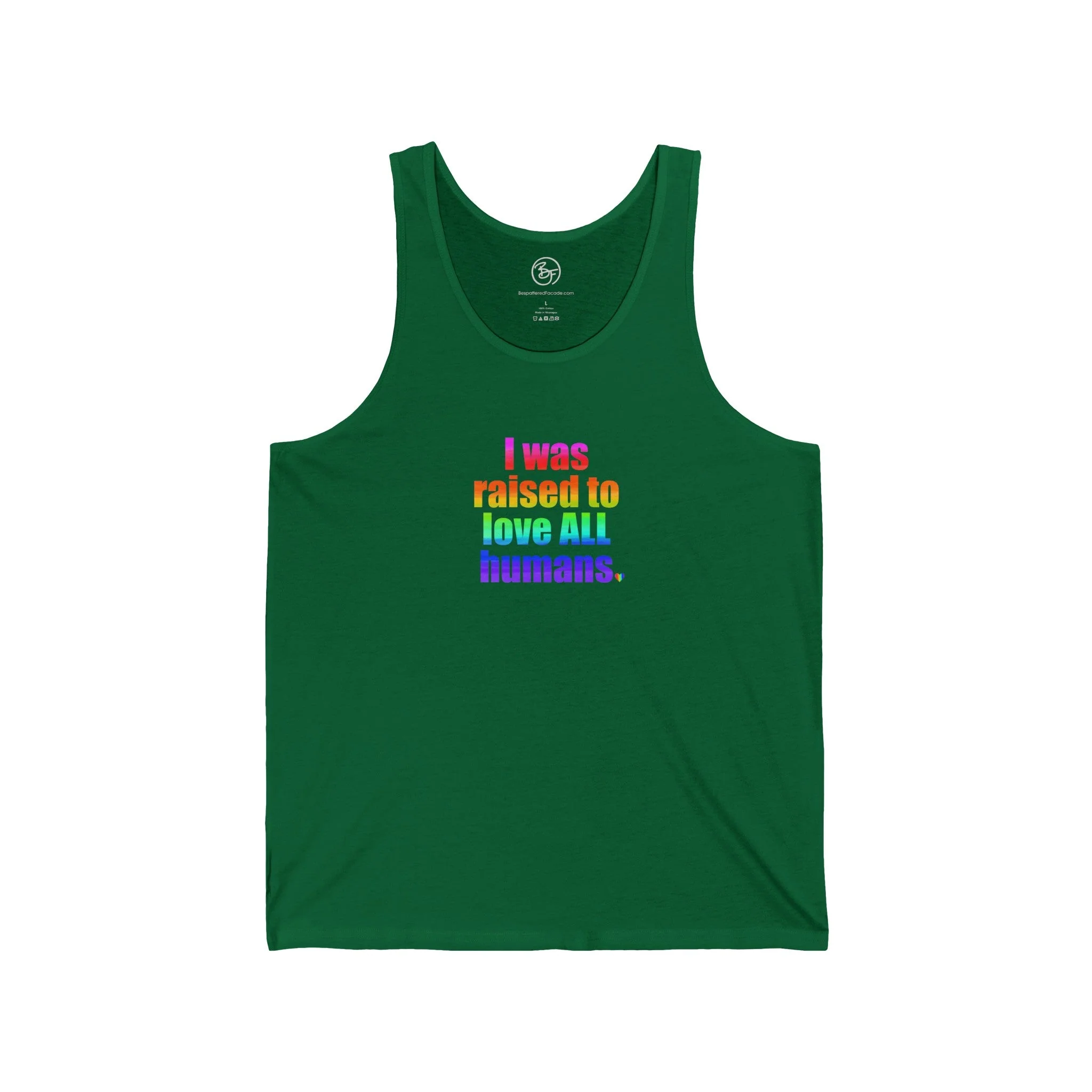 Bespattered Facade Raised to Love All Humans Unisex Jersey Tank - Image 4