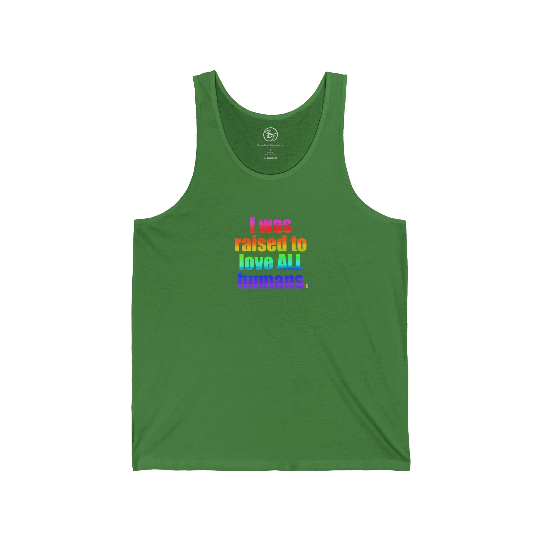Bespattered Facade Raised to Love All Humans Unisex Jersey Tank - Image 5