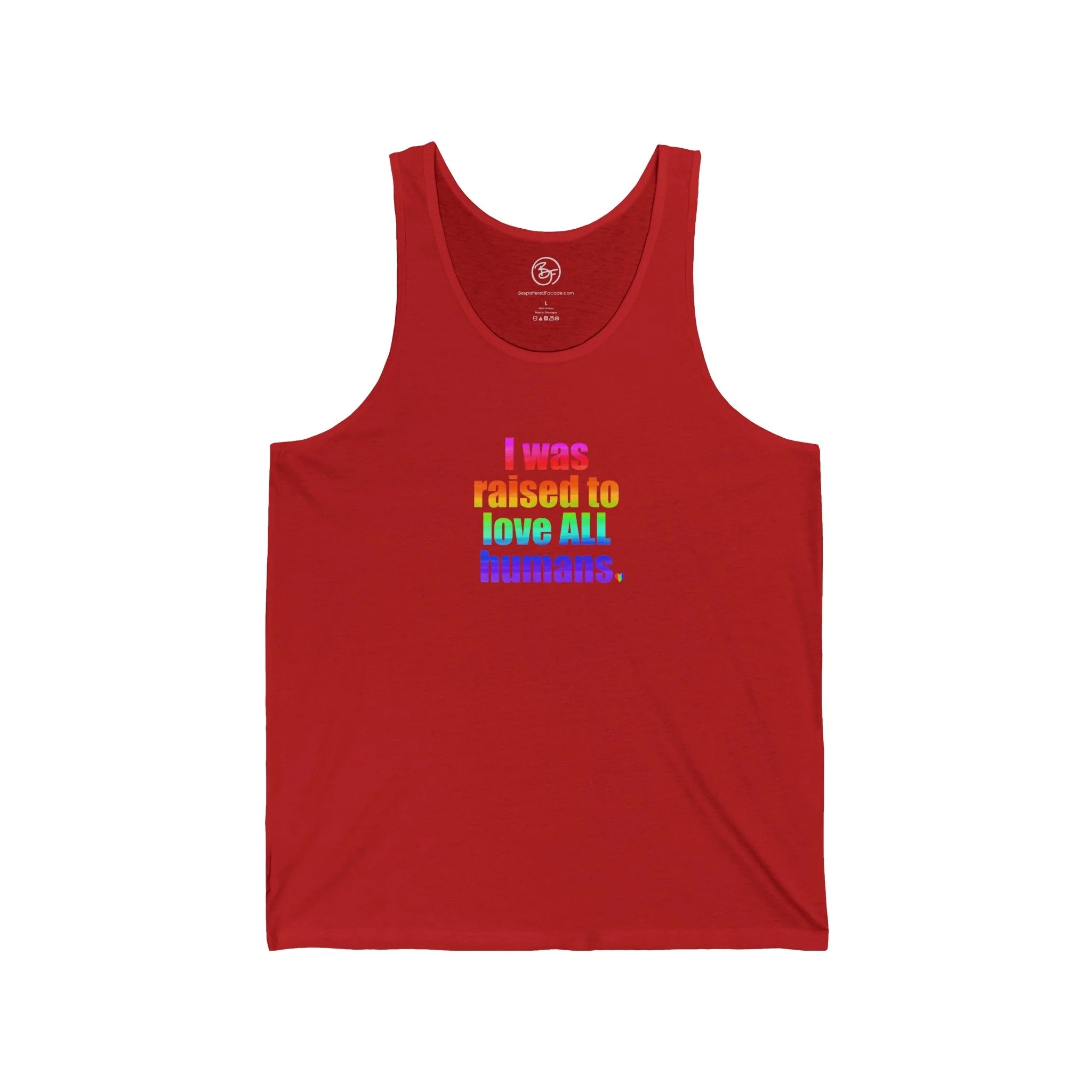 Bespattered Facade Raised to Love All Humans Unisex Jersey Tank - Image 6