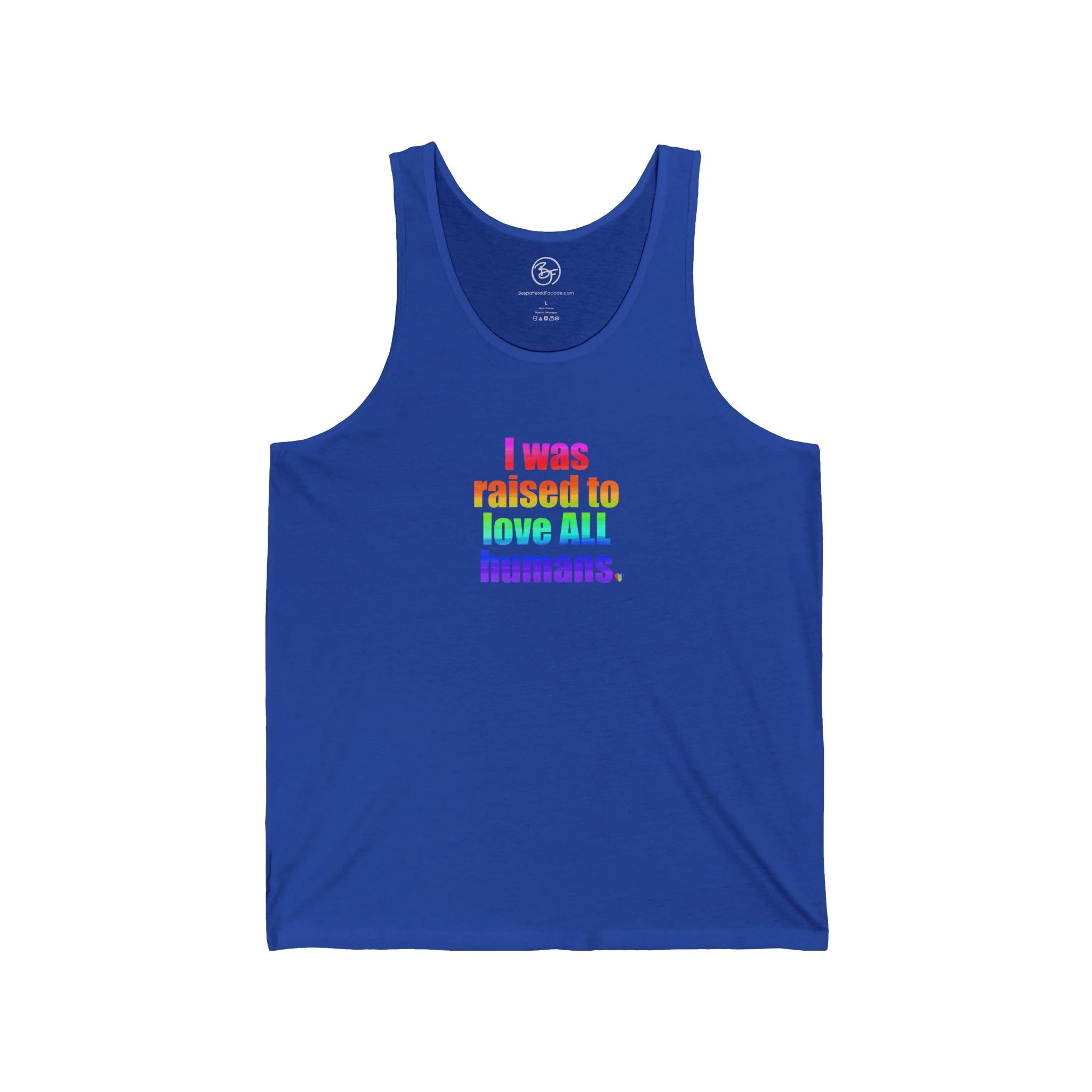 Bespattered Facade Raised to Love All Humans Unisex Jersey Tank - Image 7