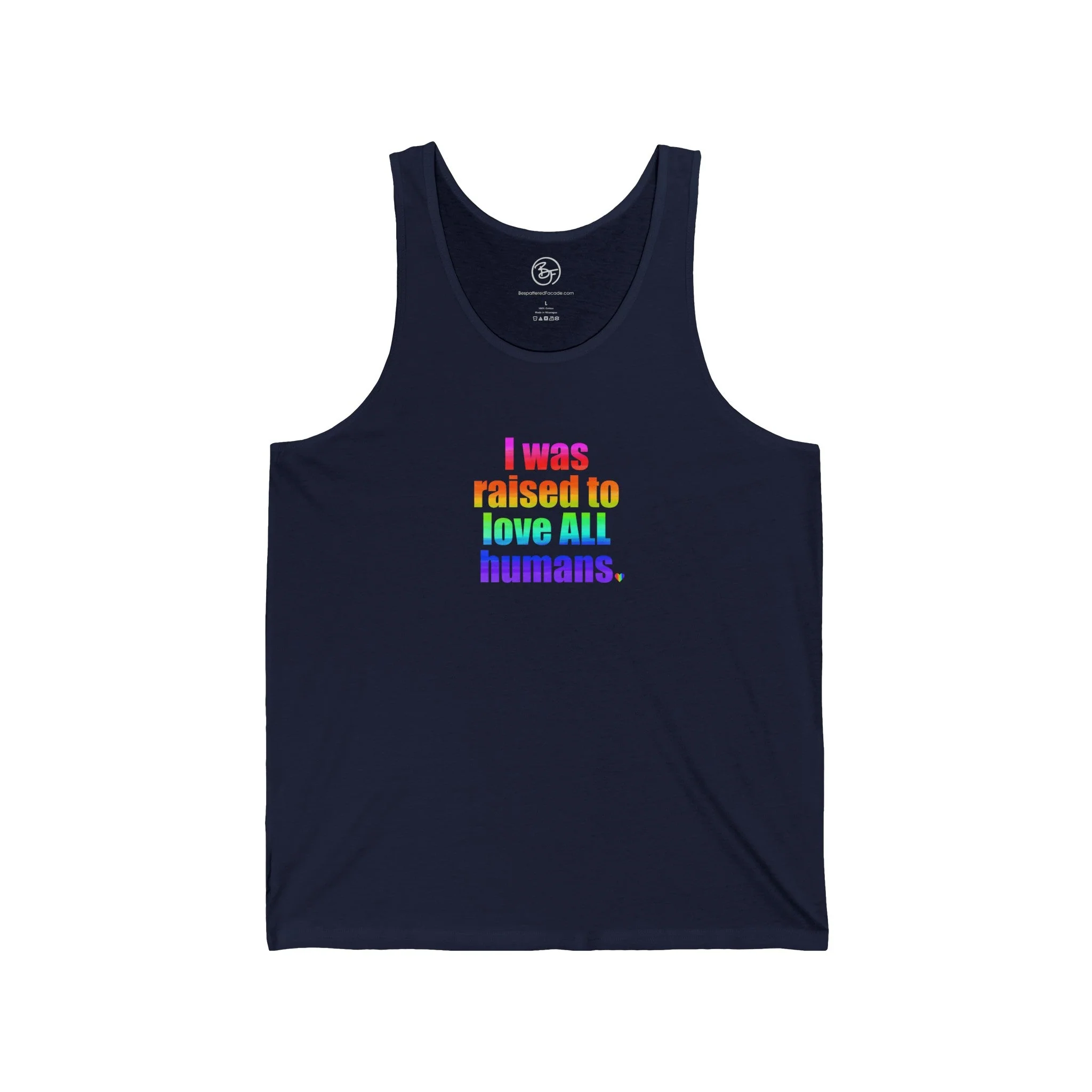 Bespattered Facade Raised to Love All Humans Unisex Jersey Tank - Image 9