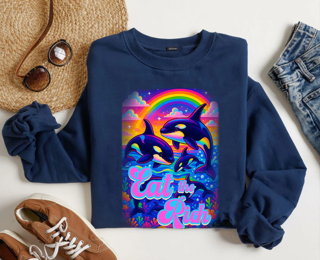 Bespattered Facade Whimsical "Eat the Rich" Orcas Unisex Heavy Blend™ Crewneck Sweatshirt - Image 2