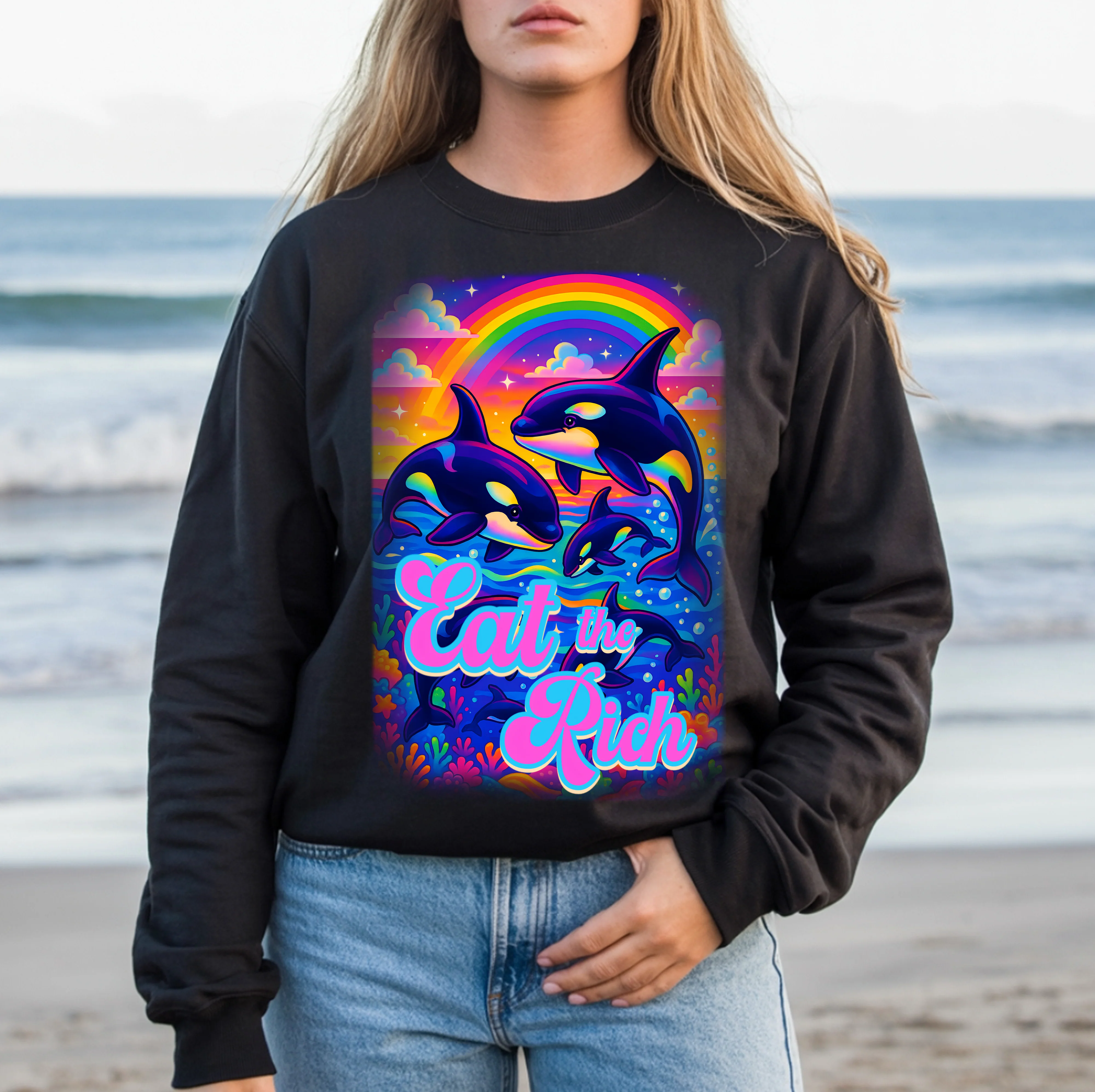 Bespattered Facade Whimsical "Eat the Rich" Orcas Unisex Heavy Blend™ Crewneck Sweatshirt - Image 3