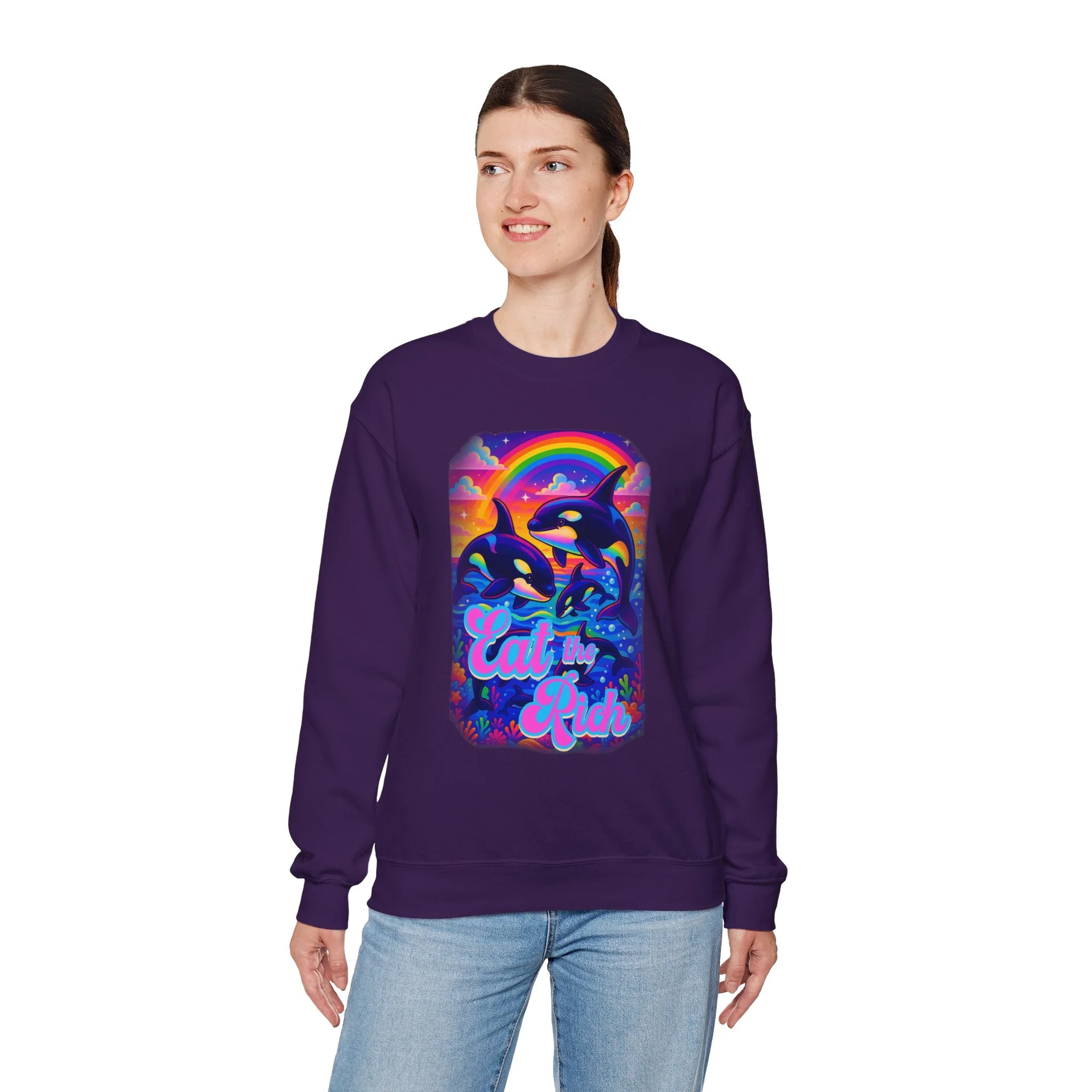 Bespattered Facade Whimsical "Eat the Rich" Orcas Unisex Heavy Blend™ Crewneck Sweatshirt - Image 4