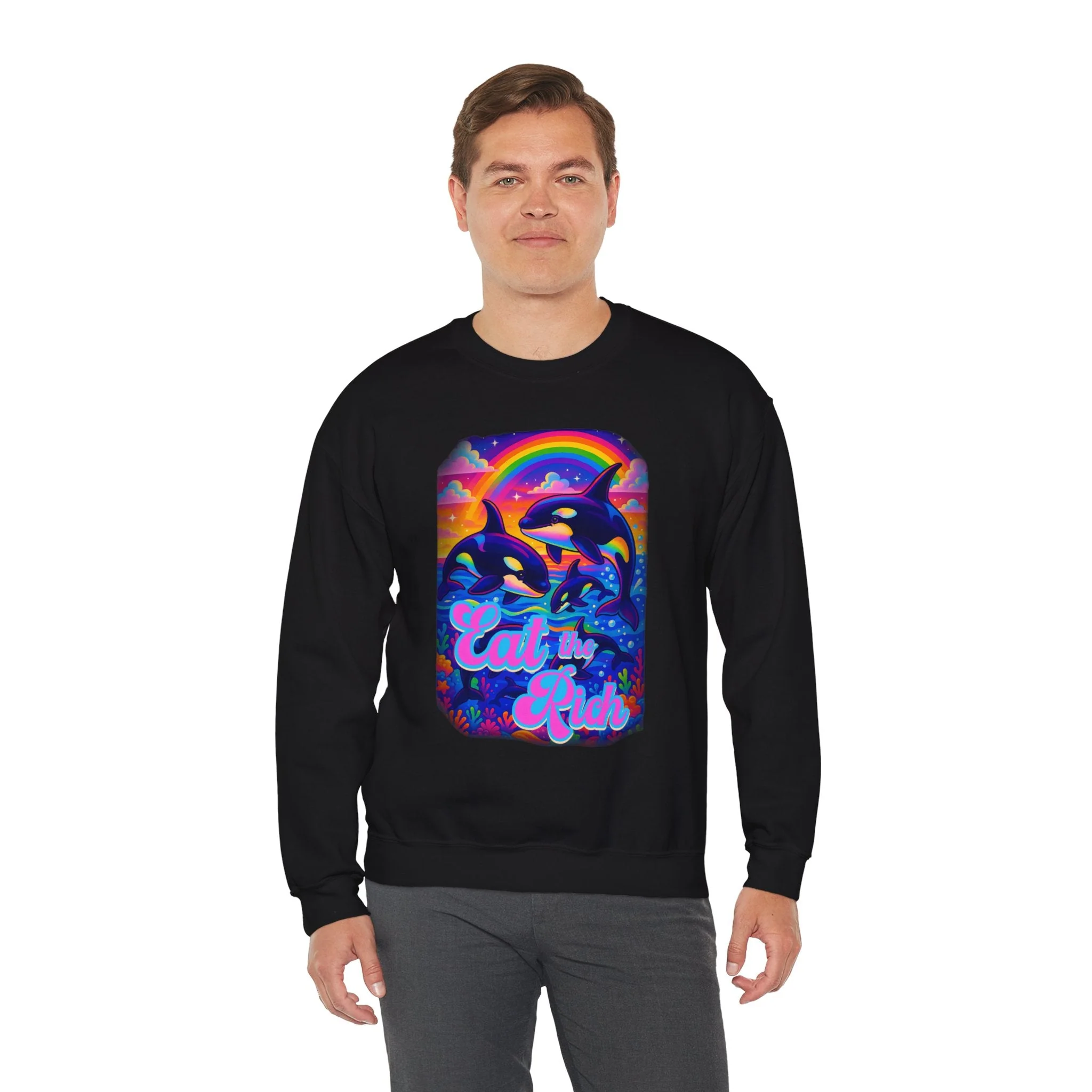 Bespattered Facade Whimsical "Eat the Rich" Orcas Unisex Heavy Blend™ Crewneck Sweatshirt - Image 5
