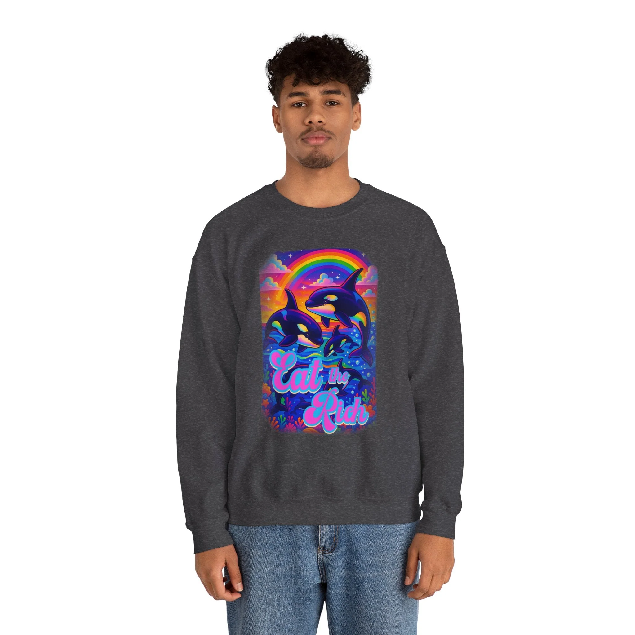Bespattered Facade Whimsical "Eat the Rich" Orcas Unisex Heavy Blend™ Crewneck Sweatshirt - Image 6