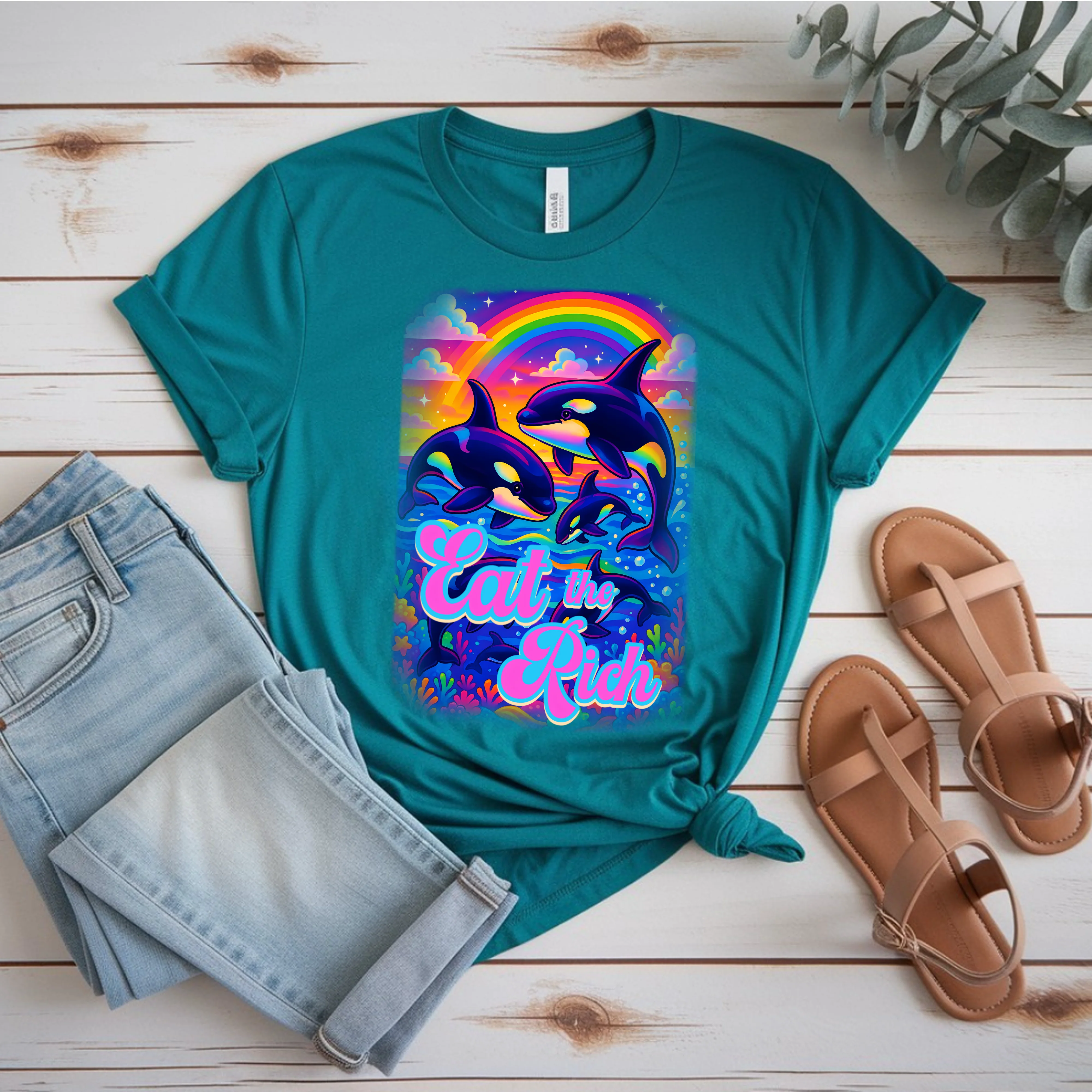 Bespattered Facade Whimsical "Eat the Rich" Orcas Unisex Softstyle T-Shirt - Image 2