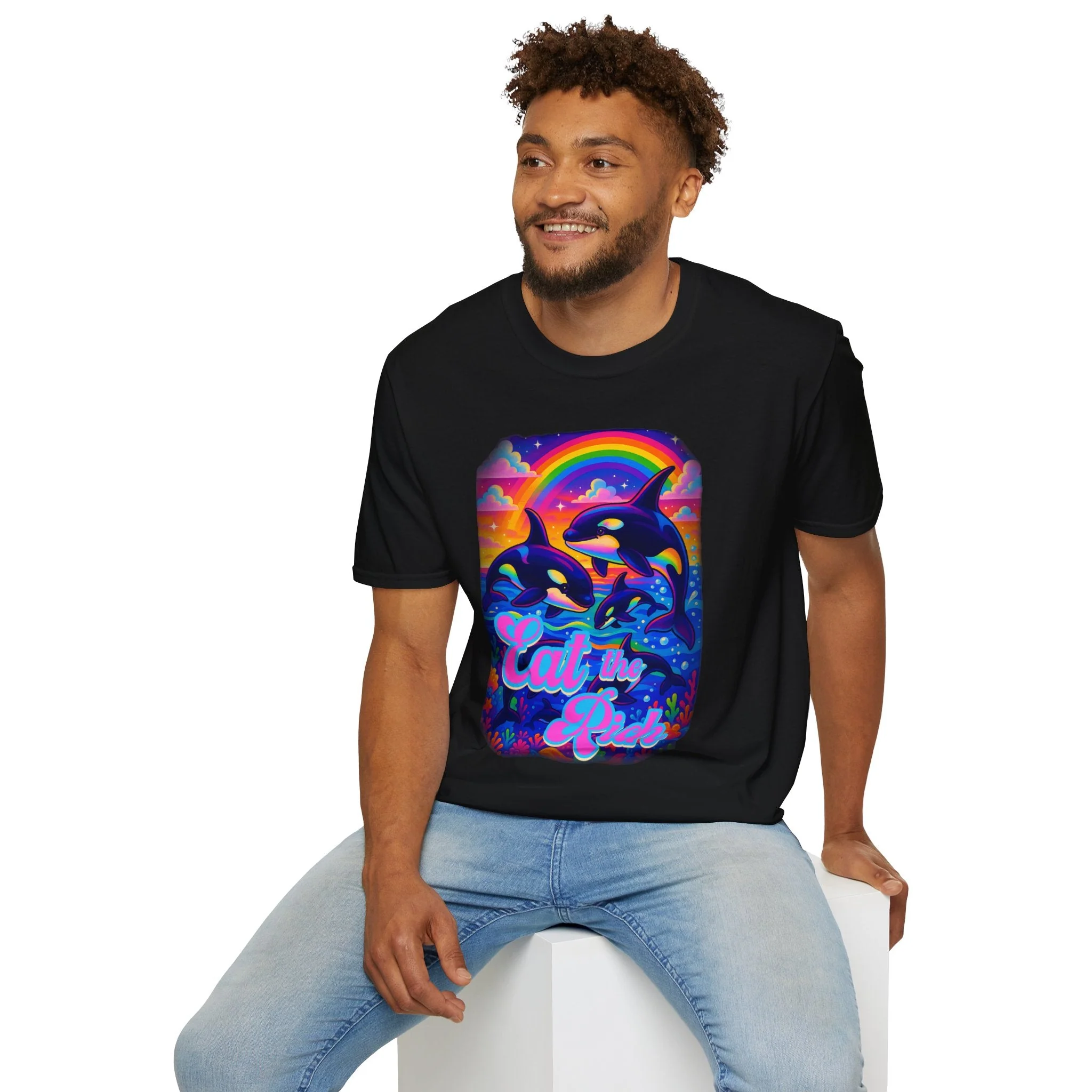 Bespattered Facade Whimsical "Eat the Rich" Orcas Unisex Softstyle T-Shirt - Image 3