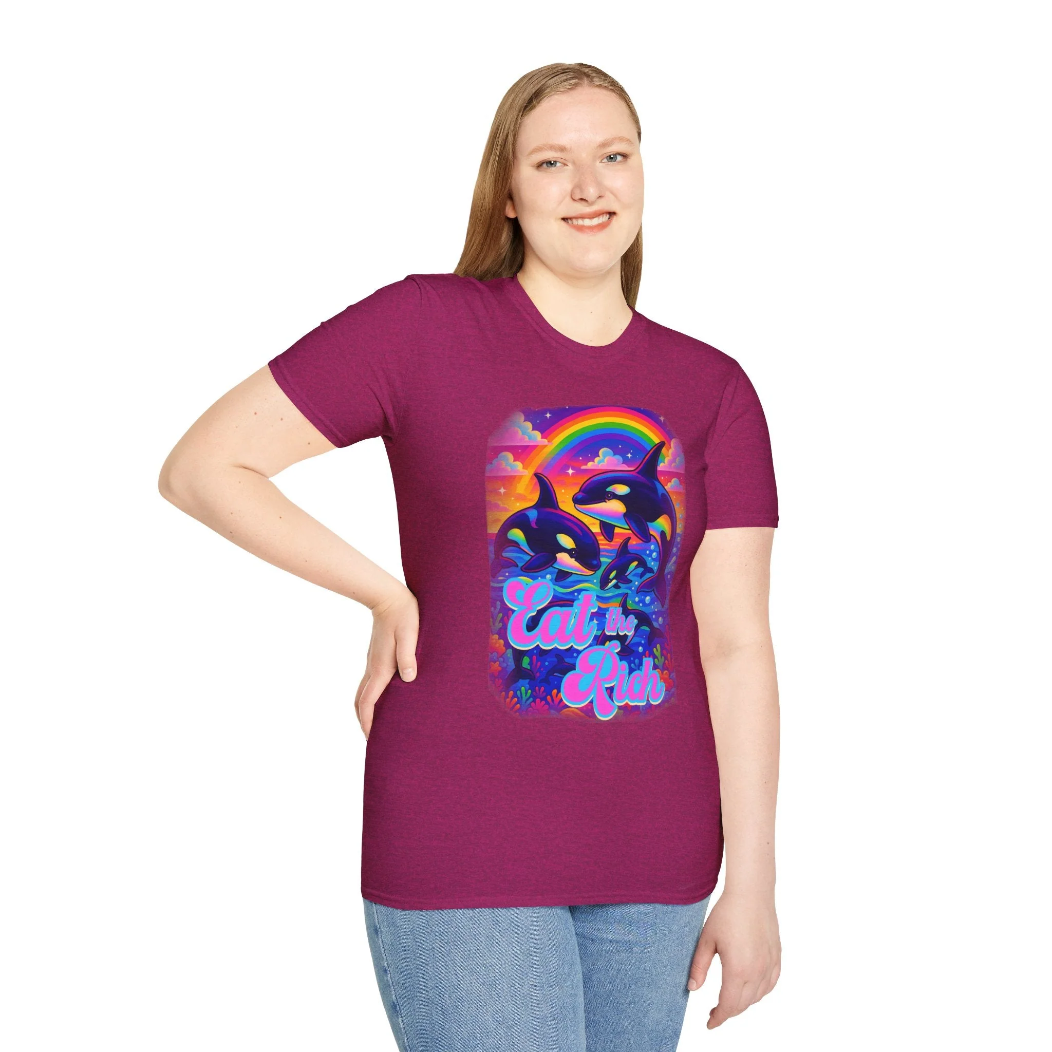 Bespattered Facade Whimsical "Eat the Rich" Orcas Unisex Softstyle T-Shirt - Image 4