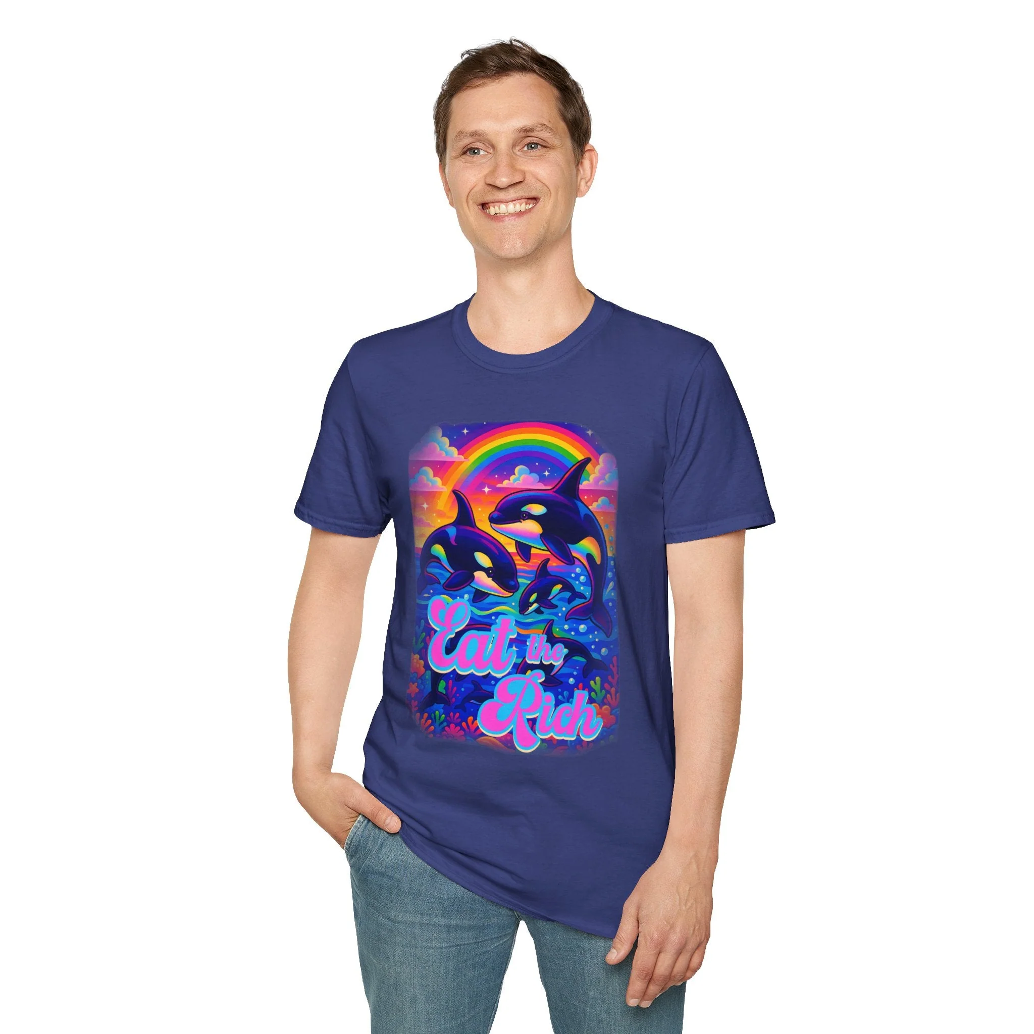 Bespattered Facade Whimsical "Eat the Rich" Orcas Unisex Softstyle T-Shirt - Image 5
