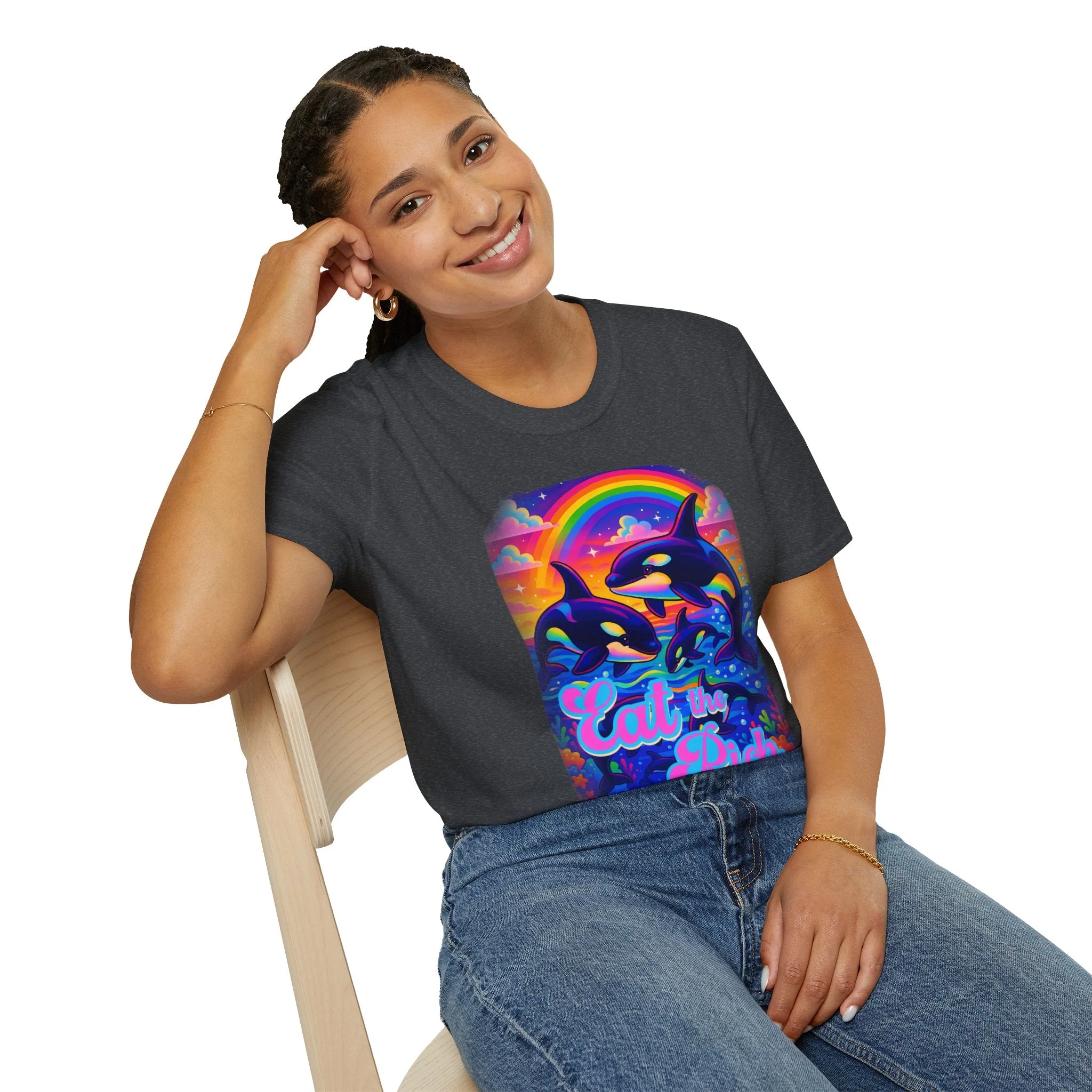 Bespattered Facade Whimsical "Eat the Rich" Orcas Unisex Softstyle T-Shirt - Image 6