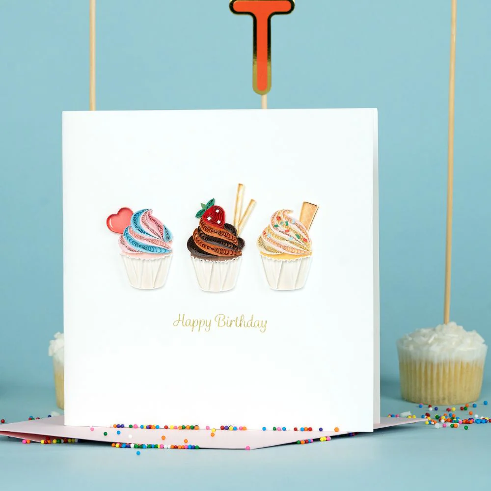 Birthday Cupcake Trio Quilled Greeting Card - Image 4
