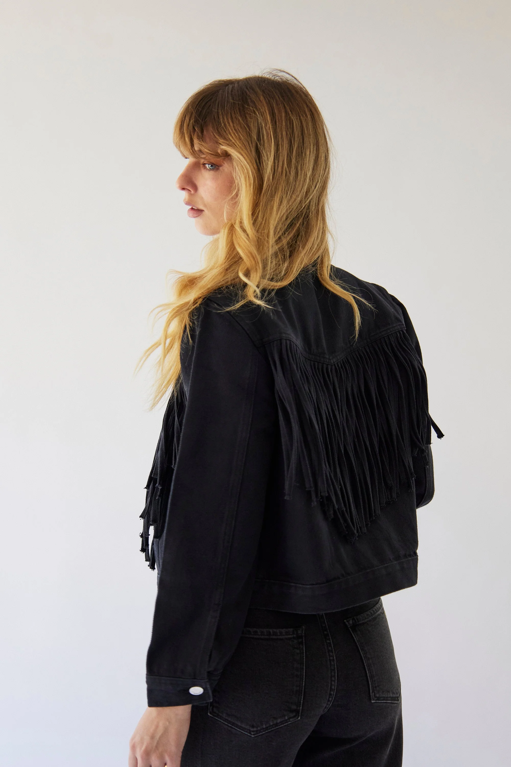 Black Denim Fringe Jacket - Image 3