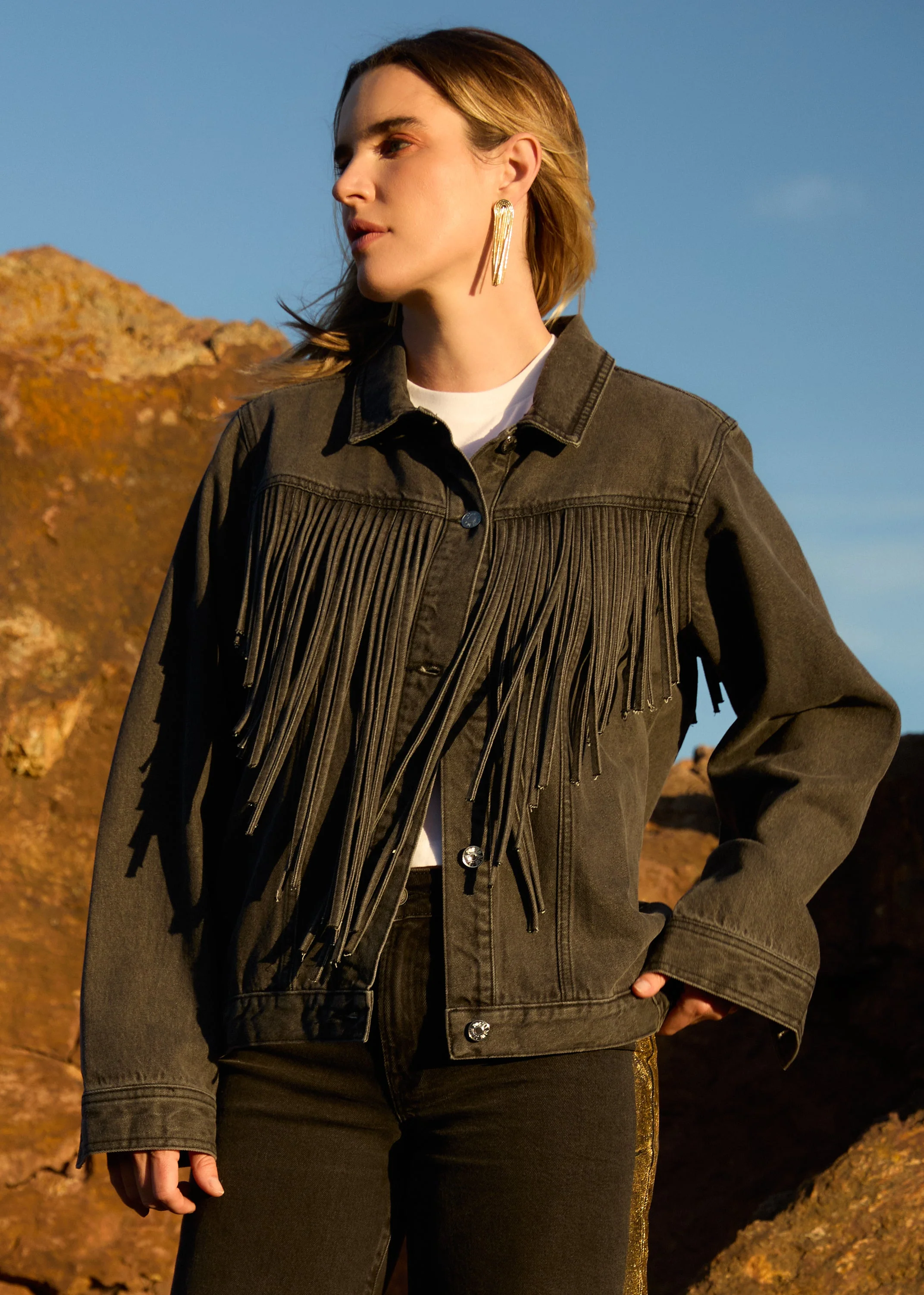 Black Denim Fringe Jacket - Image 5