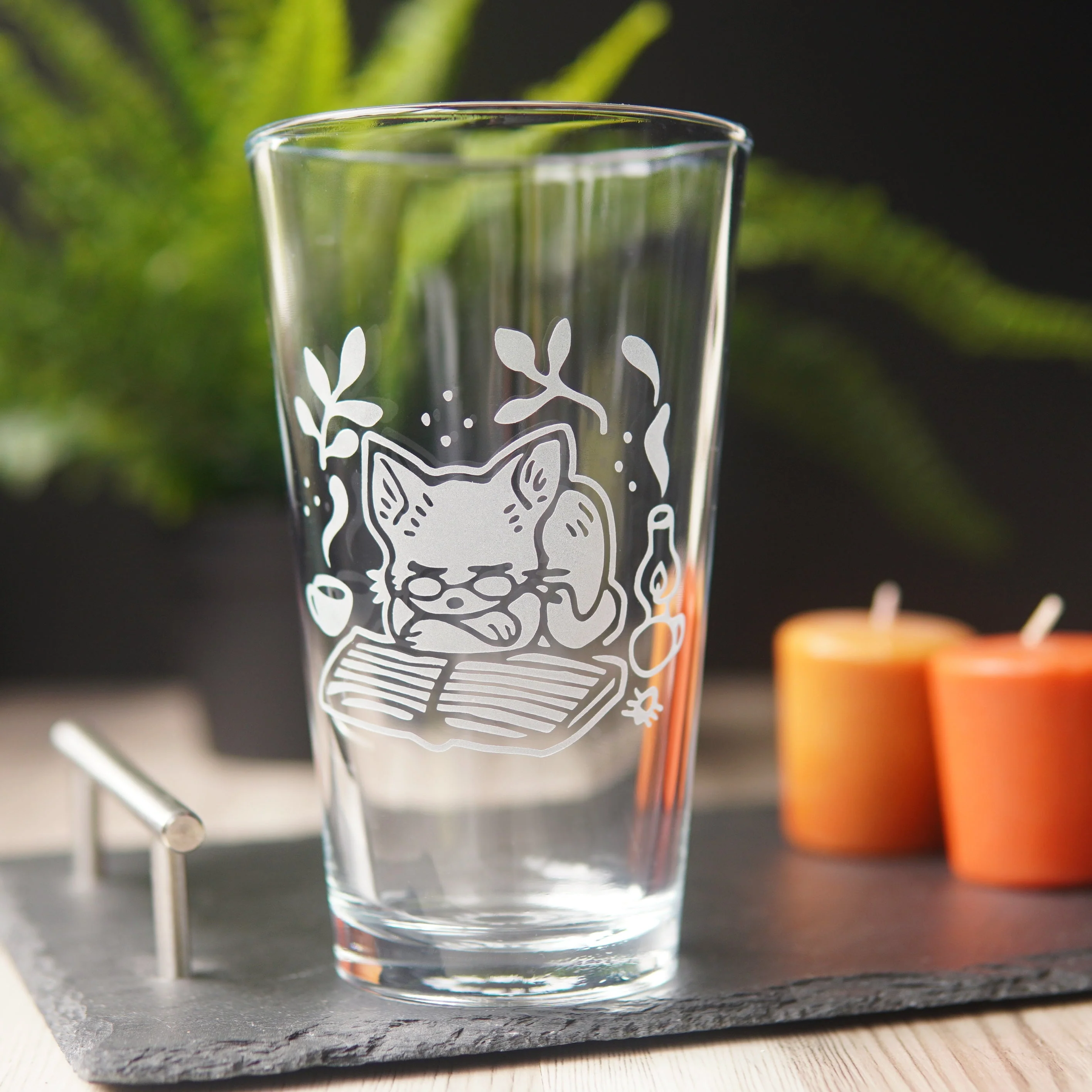 Book Cat Pint Glass - etched glassware - Image 2
