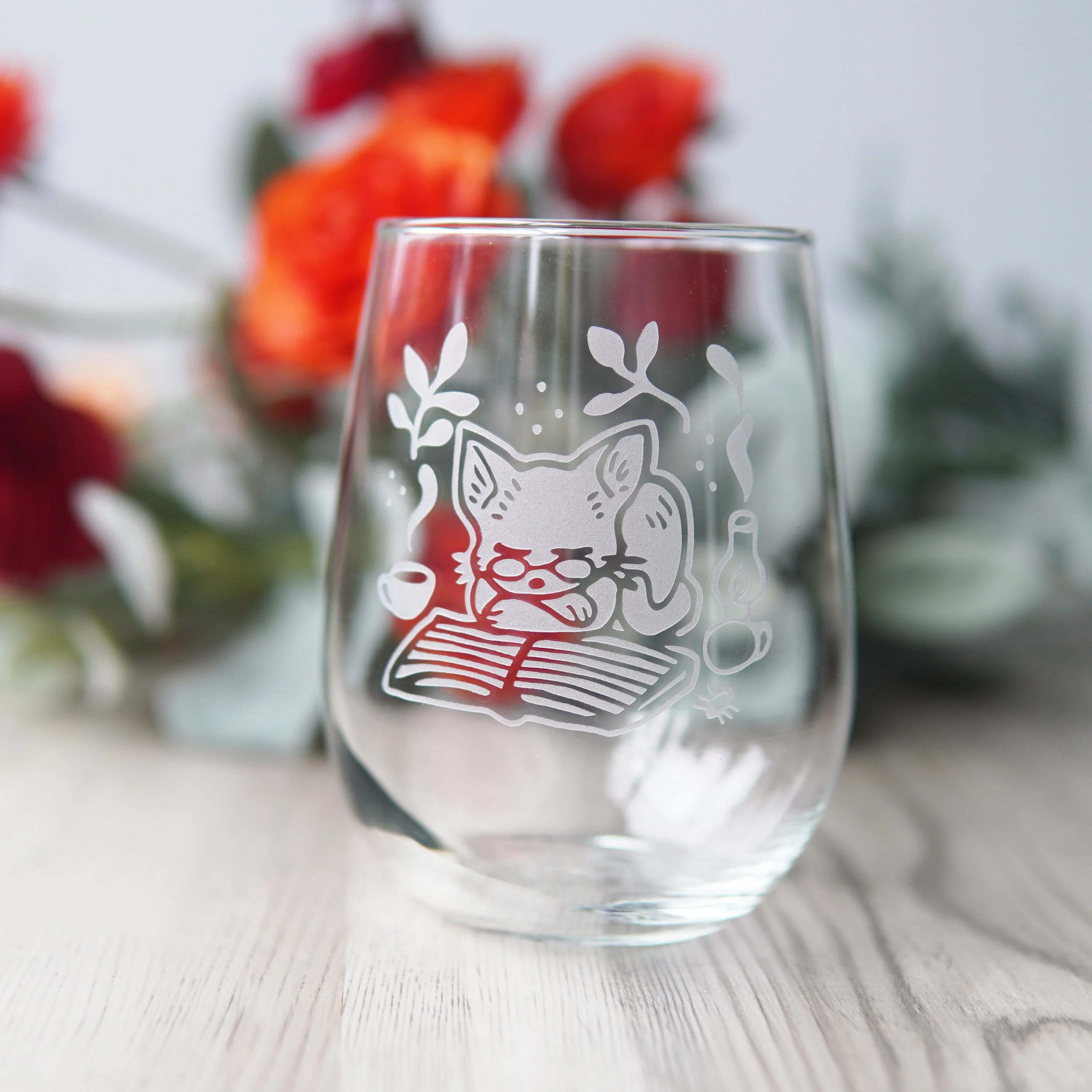 Book Cat Stemless Wine Glass - cozy etched glassware - Image 2