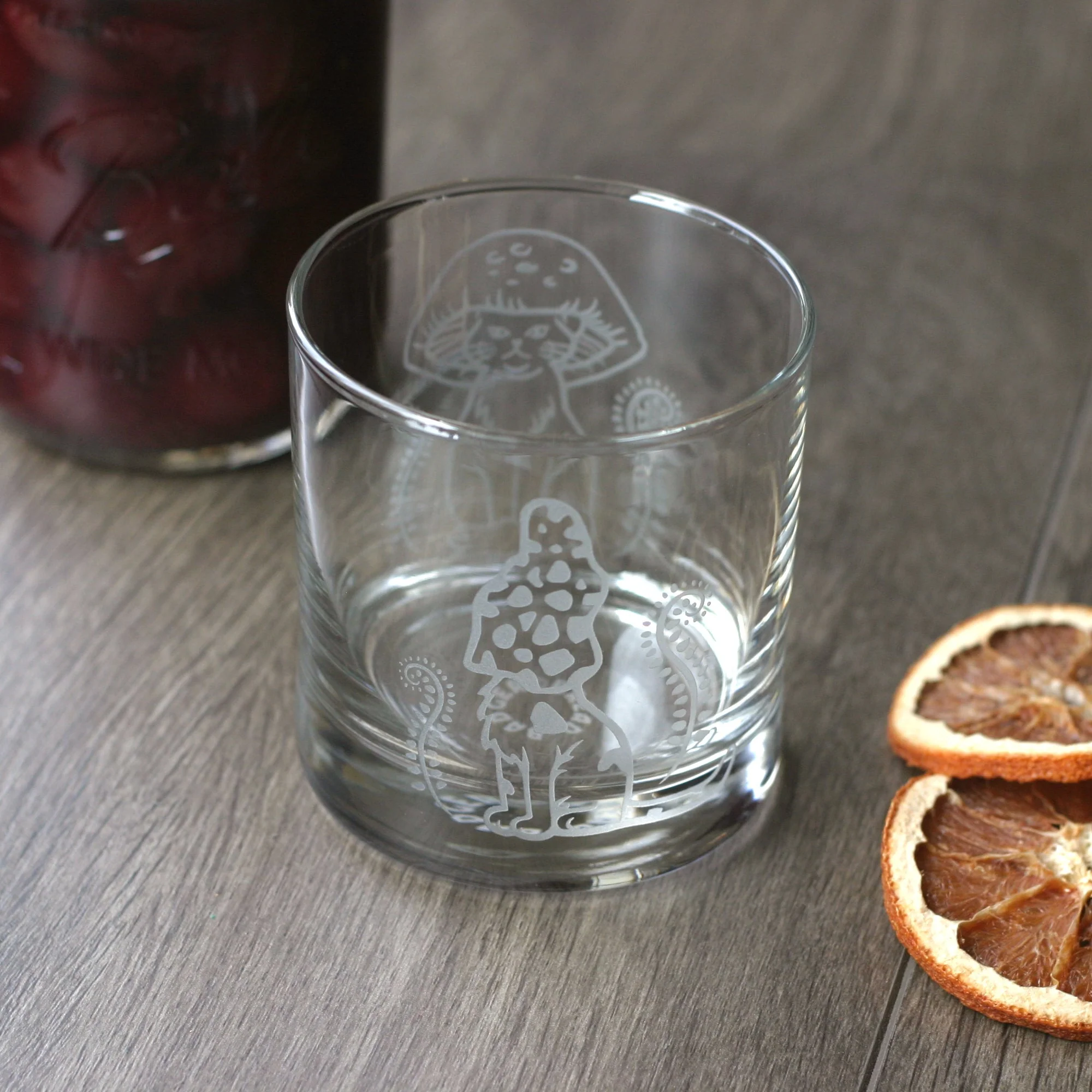 Cat Mushrooms Lowball Glass - etched cocktail glassware - Image 2