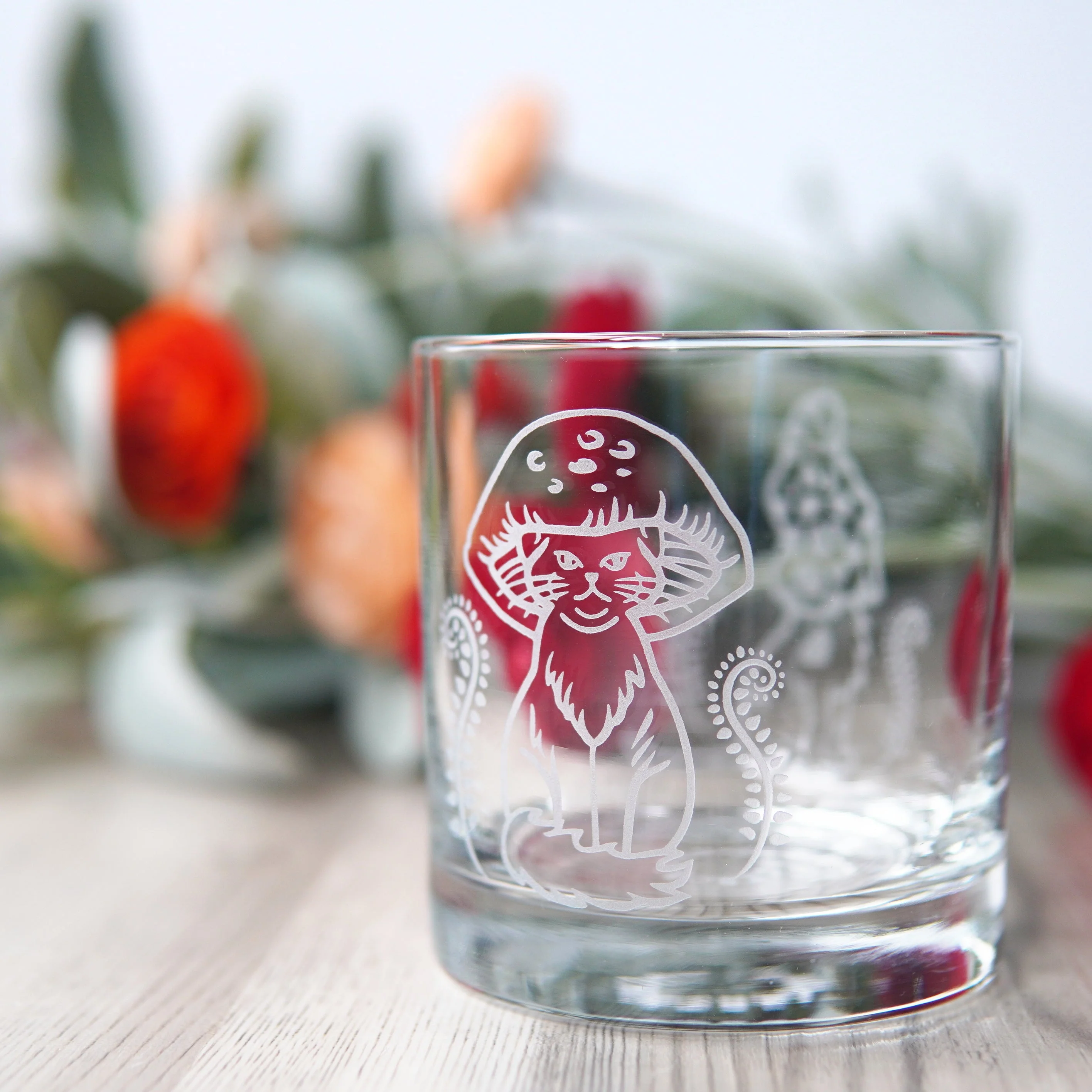 Cat Mushrooms Lowball Glass - etched cocktail glassware - Image 3
