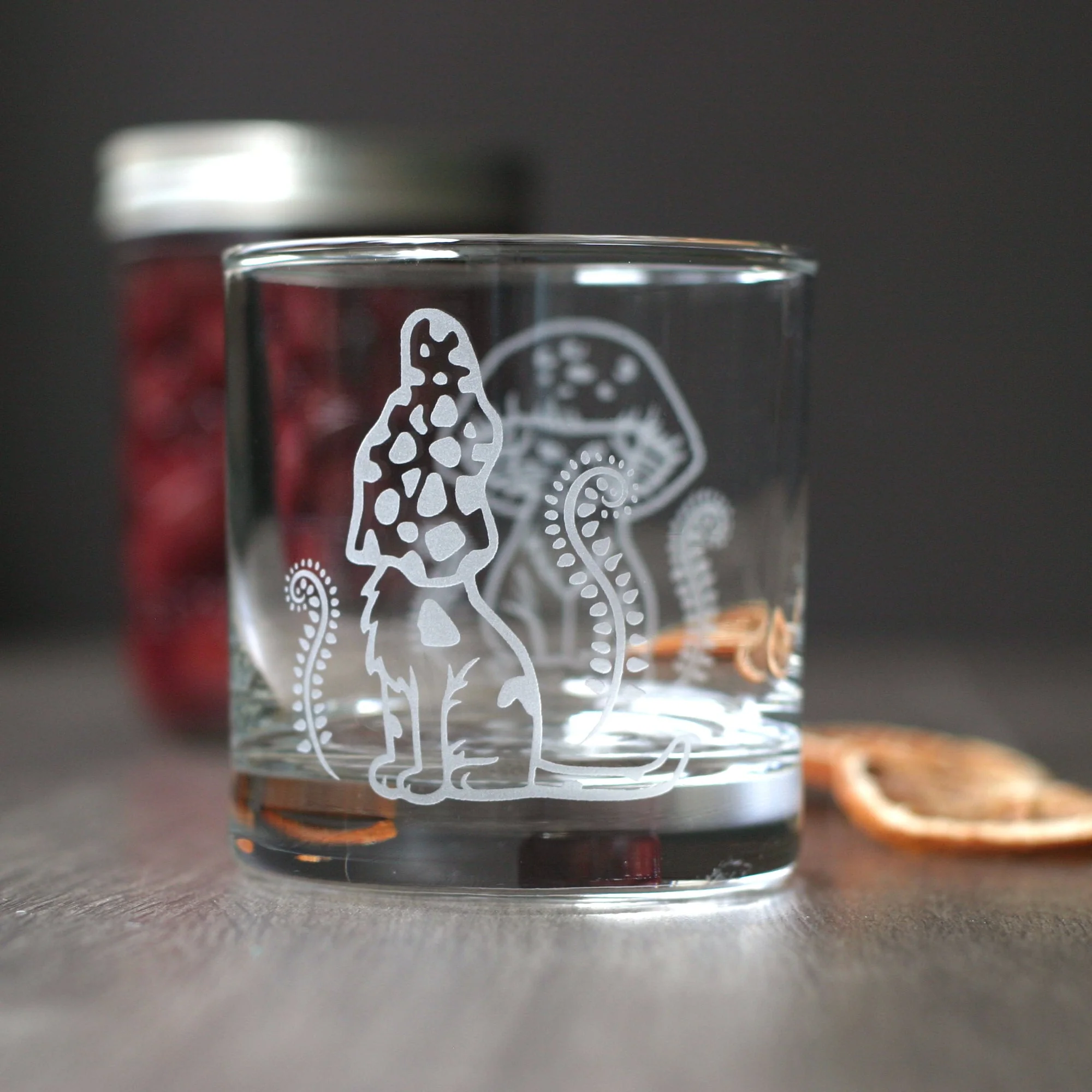 Cat Mushrooms Lowball Glass - etched cocktail glassware - Image 4