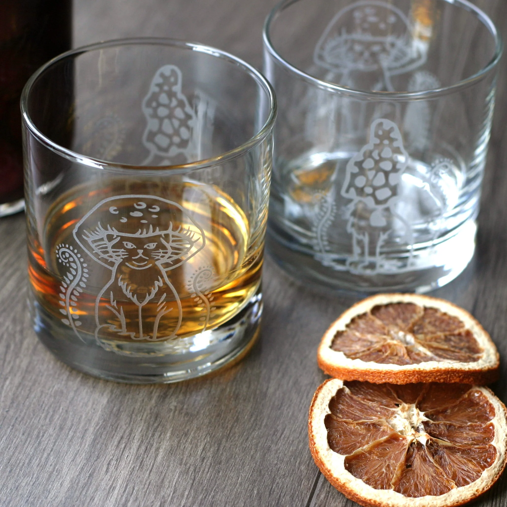 Cat Mushrooms Lowball Glass - etched cocktail glassware - Image 5