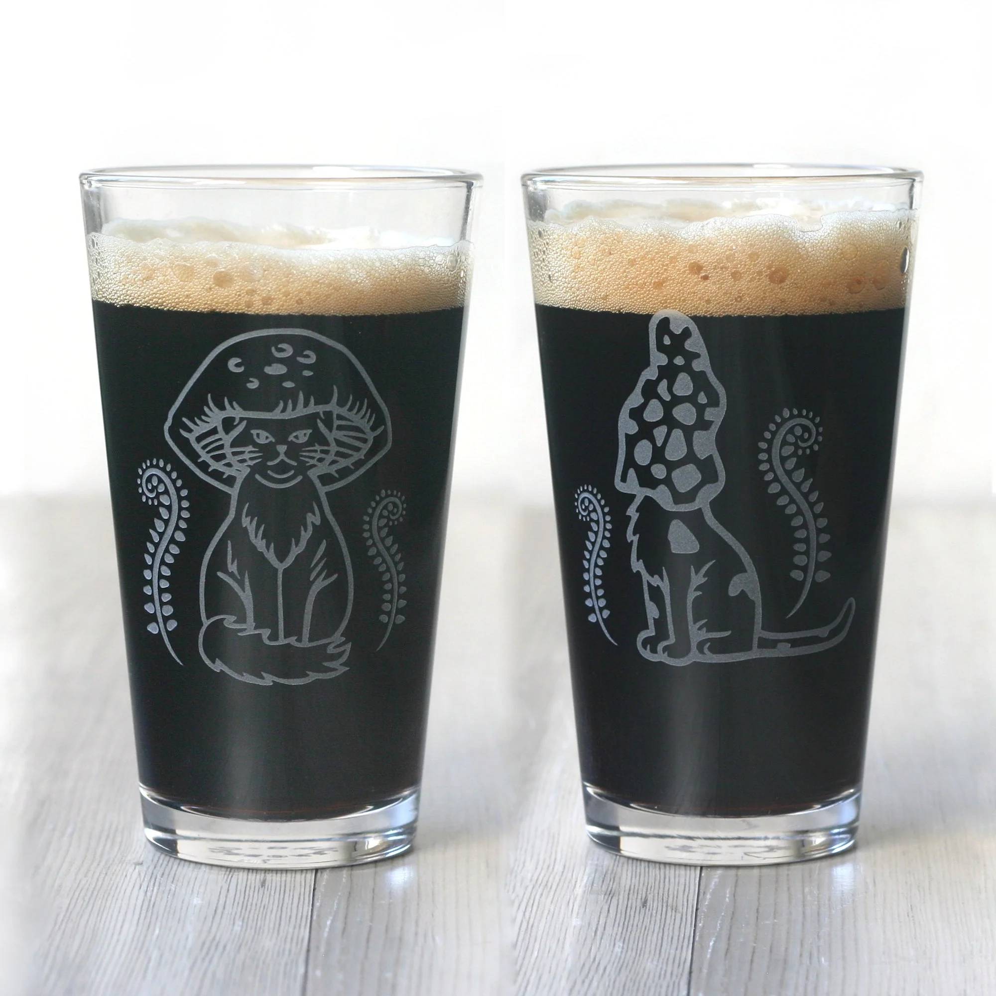 Cat Mushrooms Pint Glass - etched kitchen glassware